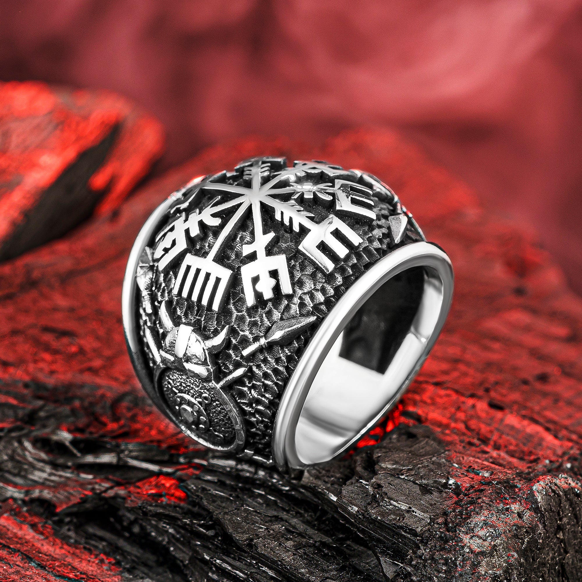 Viking Men Ring,Vegvisir Compass Solid 925 Sterling Silver Ring