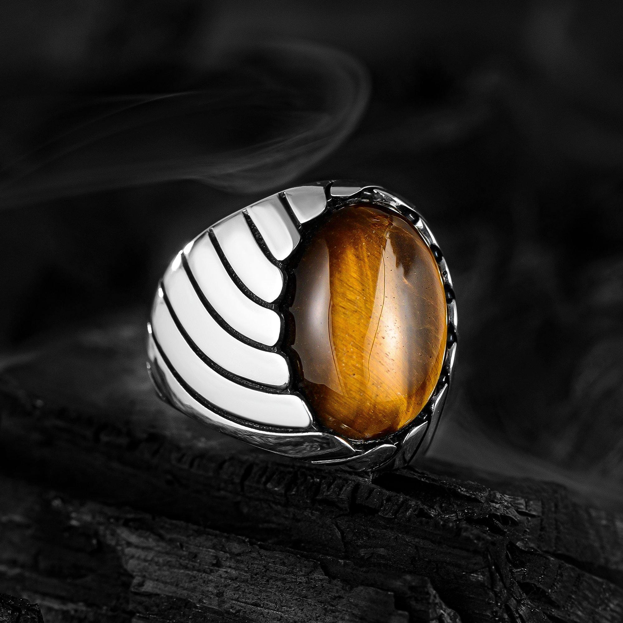 Tiger Eye Silver Ring, Men Nautical Design Ring, Brown Oval Gemstone Ring - OXO SILVER