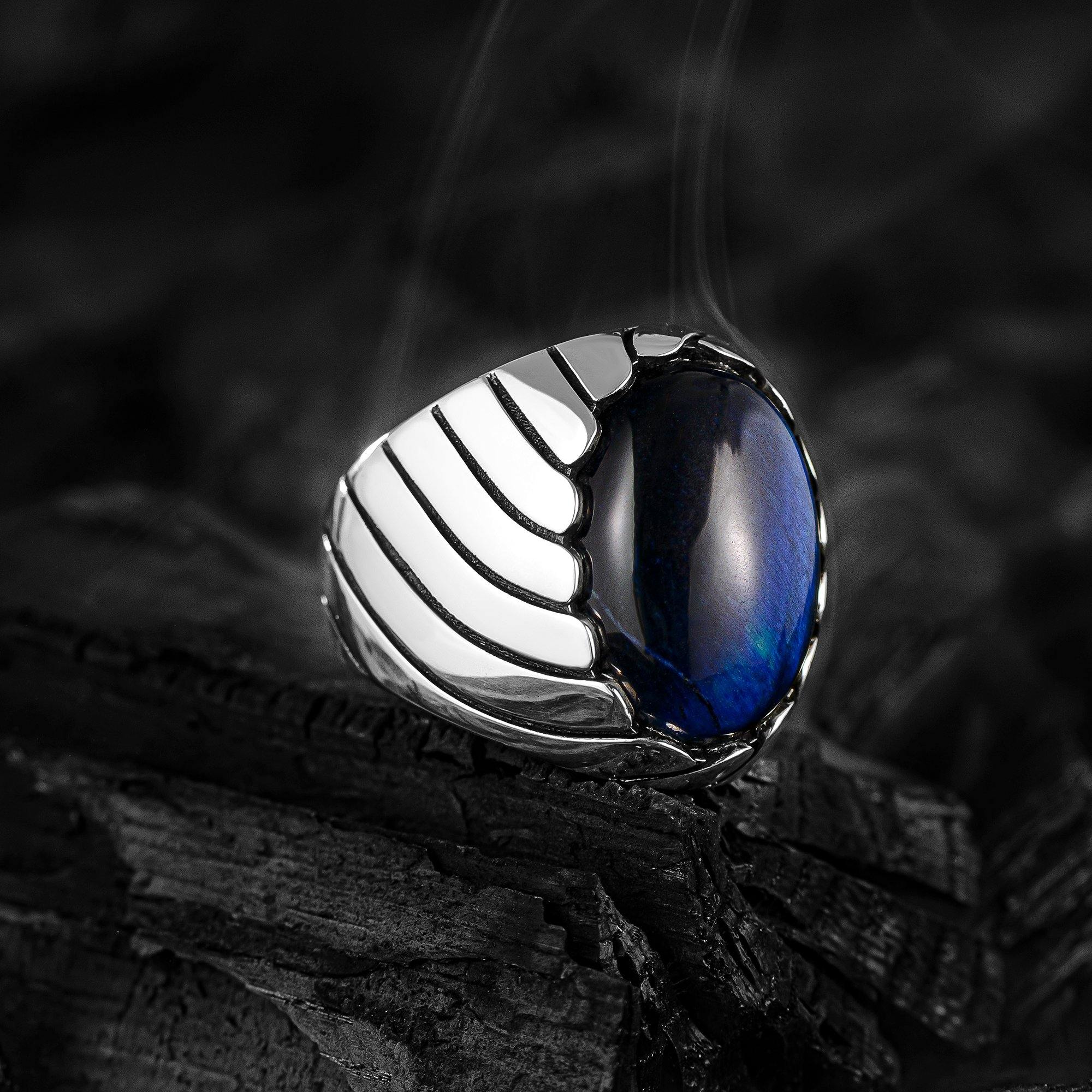 Blue Tiger Eye Stone Ring, Ocean Waves Silver Ring - OXO SILVER