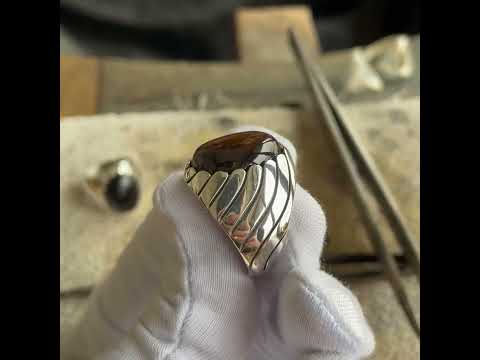 Tiger Eye Silver Ring, Men Nautical Design Ring, Brown Oval Gemstone Ring