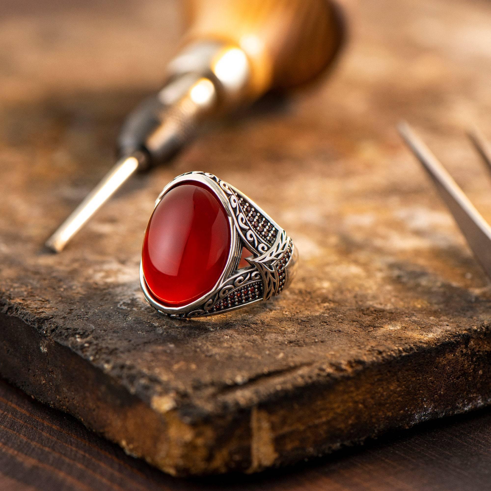 Red Agate Silver Ring, Oval Aqeeq Gemstone Ring - OXO SILVER
