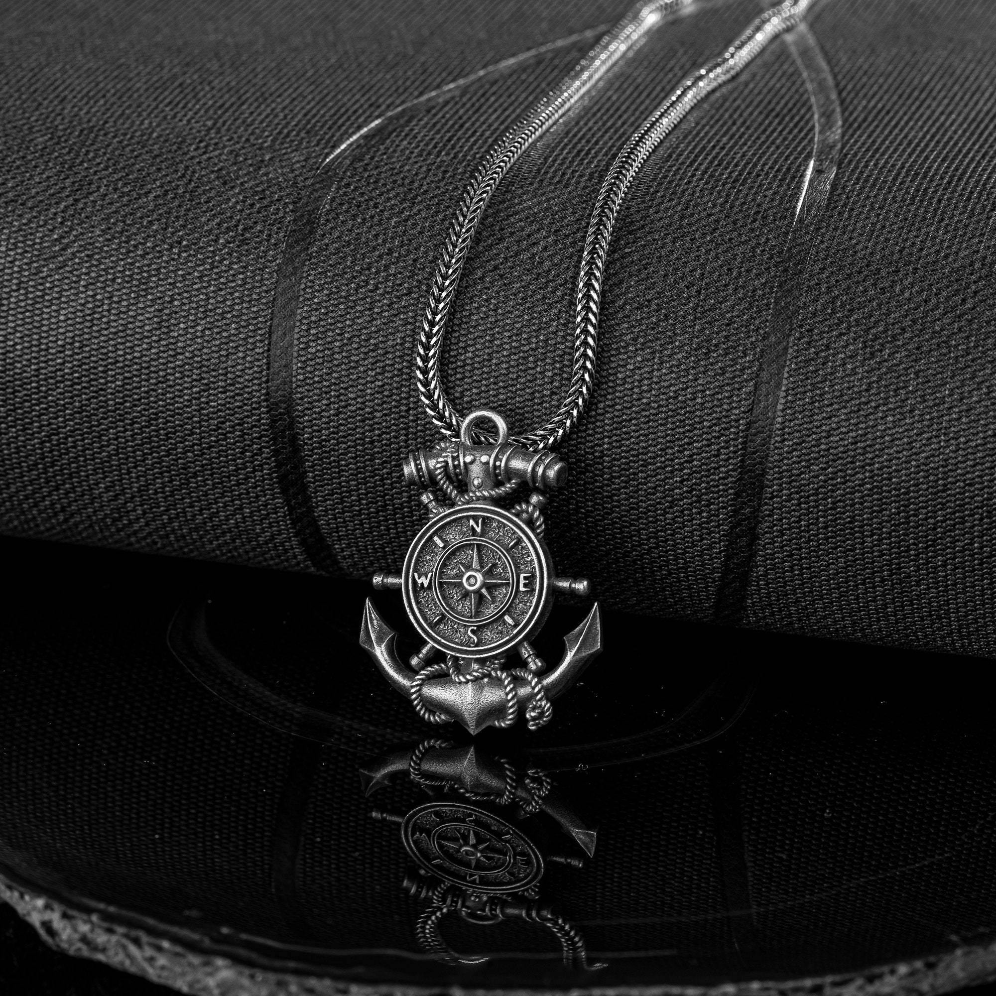 Silver Anchor Pendant with Compass, Oxidized Silver Nautical Anchor Necklace - OXO SILVER