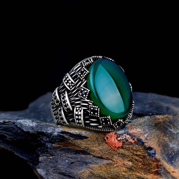 Green Agate Men ring,Silver Men ring,925 Men Ring,Green Stone Ring