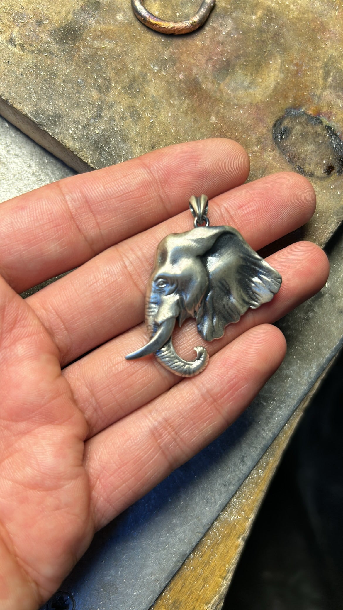 African Elephant Head Necklace, 925 Sterling Silver Oxidized Animal Pe
