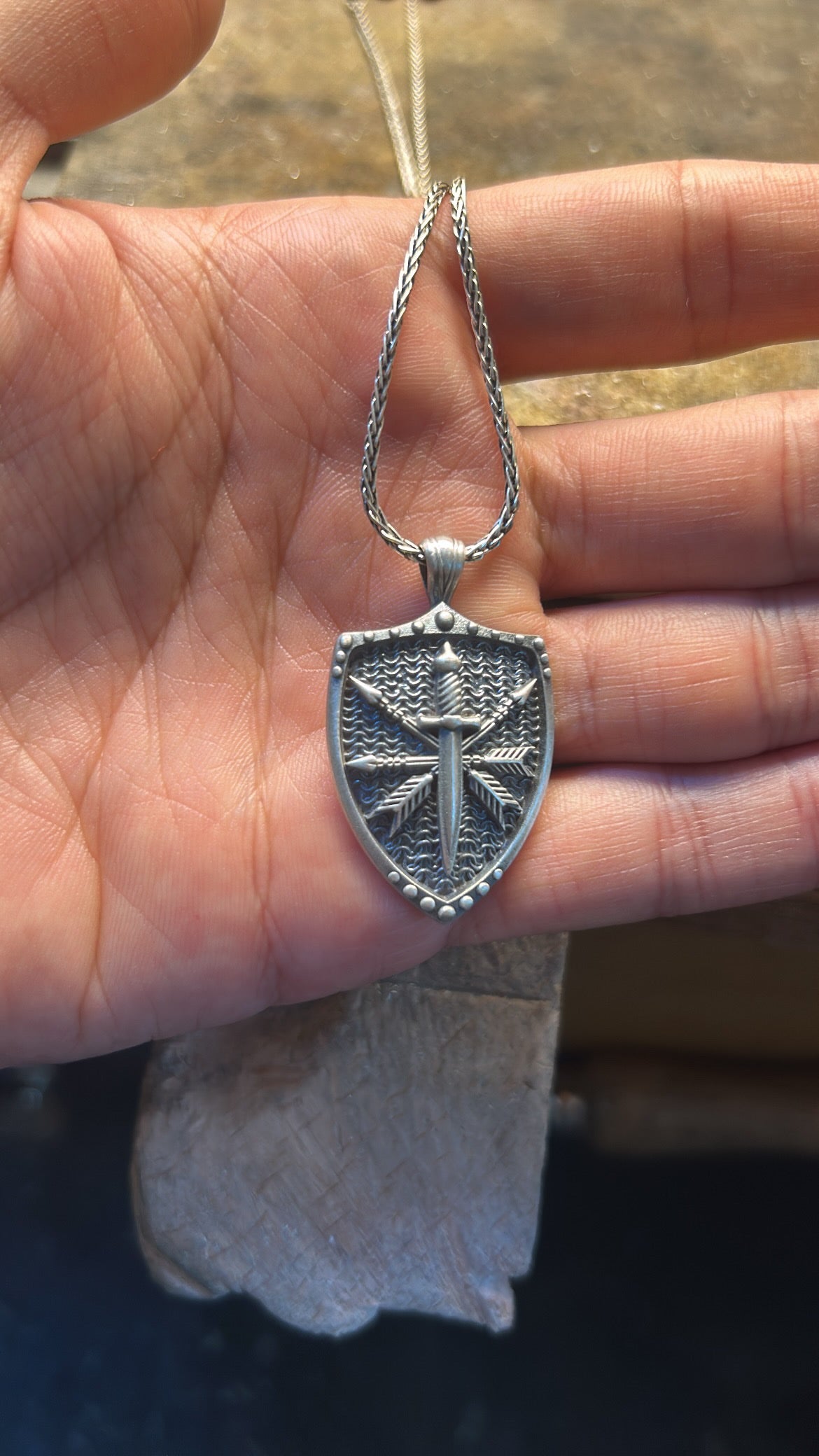 Silver Viking Sword Necklace, Oxidized Silver Shield Pendant, Viking Arrow Necklace