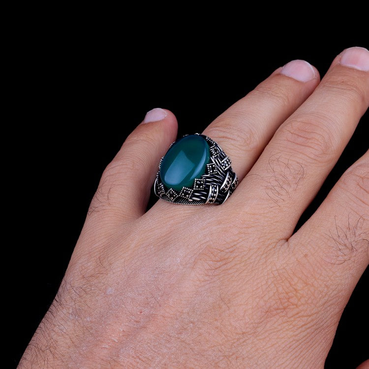 Green Agate Men ring,Silver Men ring,925 Men Ring,Green Stone Ring