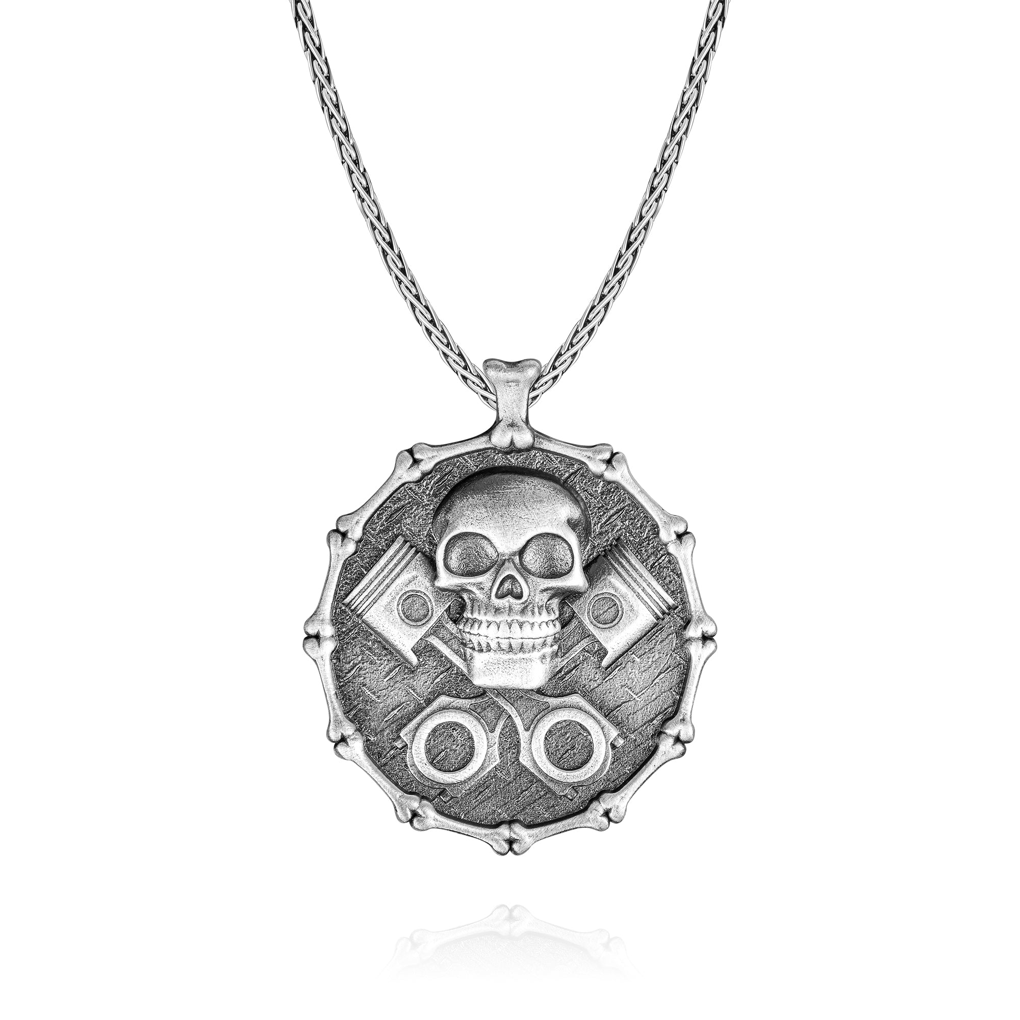 Skull Silver Necklace, Motorcycle Rider Pendant with 925 Silver Chain, Bone and Piston Necklace, 925 Sterling Silver Biker Men Jewelry Gift