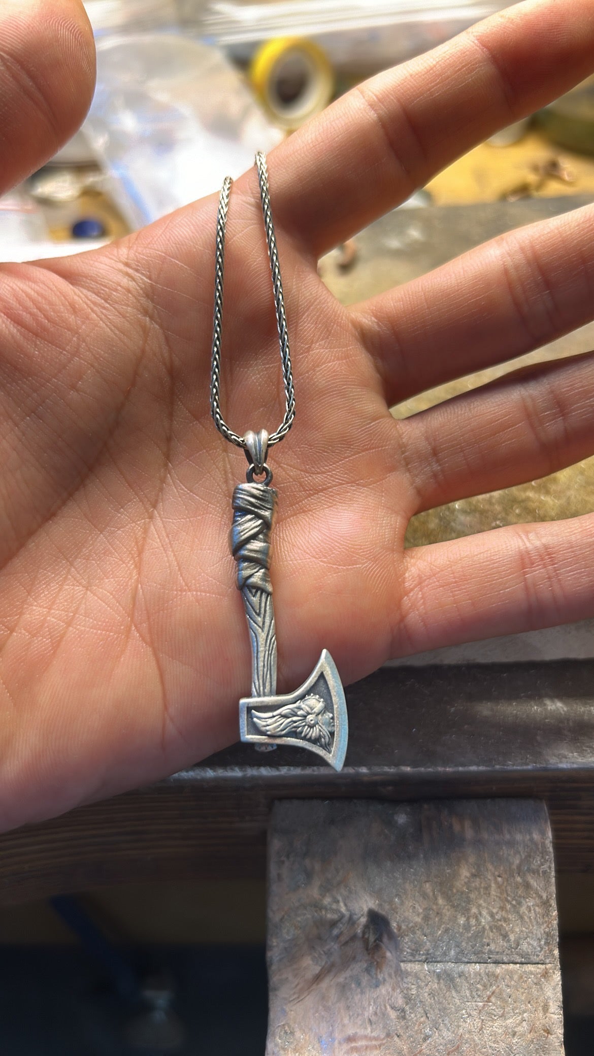 Winged Hermes Axe Silver Necklace, 925 Sterling Silver Pendant & Chain, Oxidized Silver Necklace