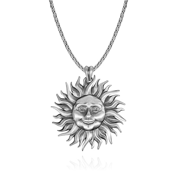 Smiling Sun Silver Necklace, 3D Sun Design Pendant, 925 Sterling Silve