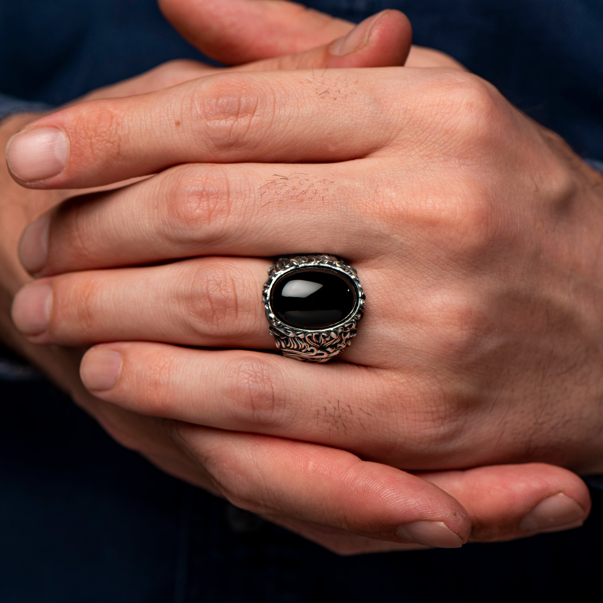 Black Onyx Gemstone Ring, Men Sterling Silver Ring