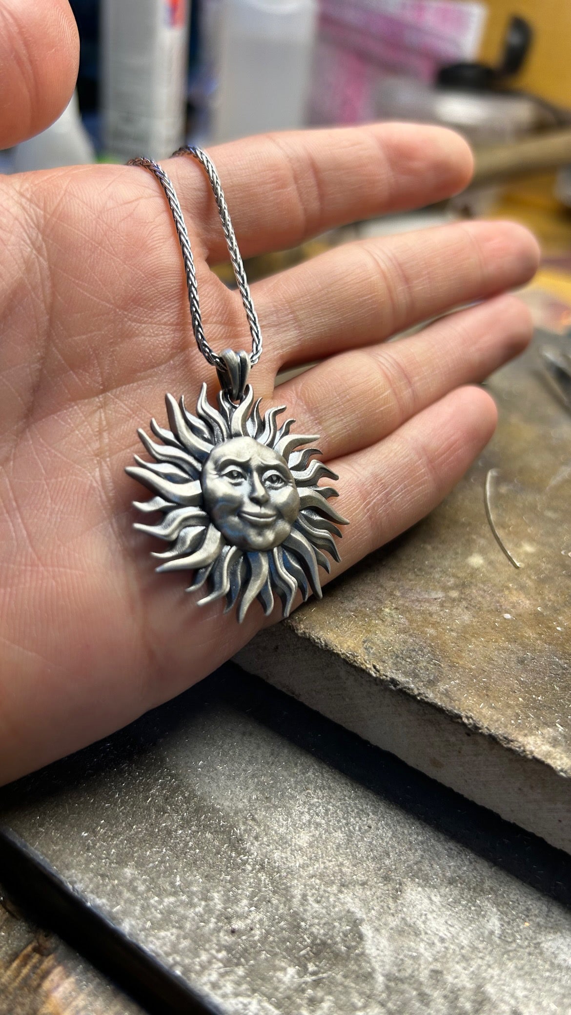 Smiling Sun Silver Necklace, 3D Sun Design Pendant, 925 Sterling Silver Pendant and Chain, Sterling Silver Pendant