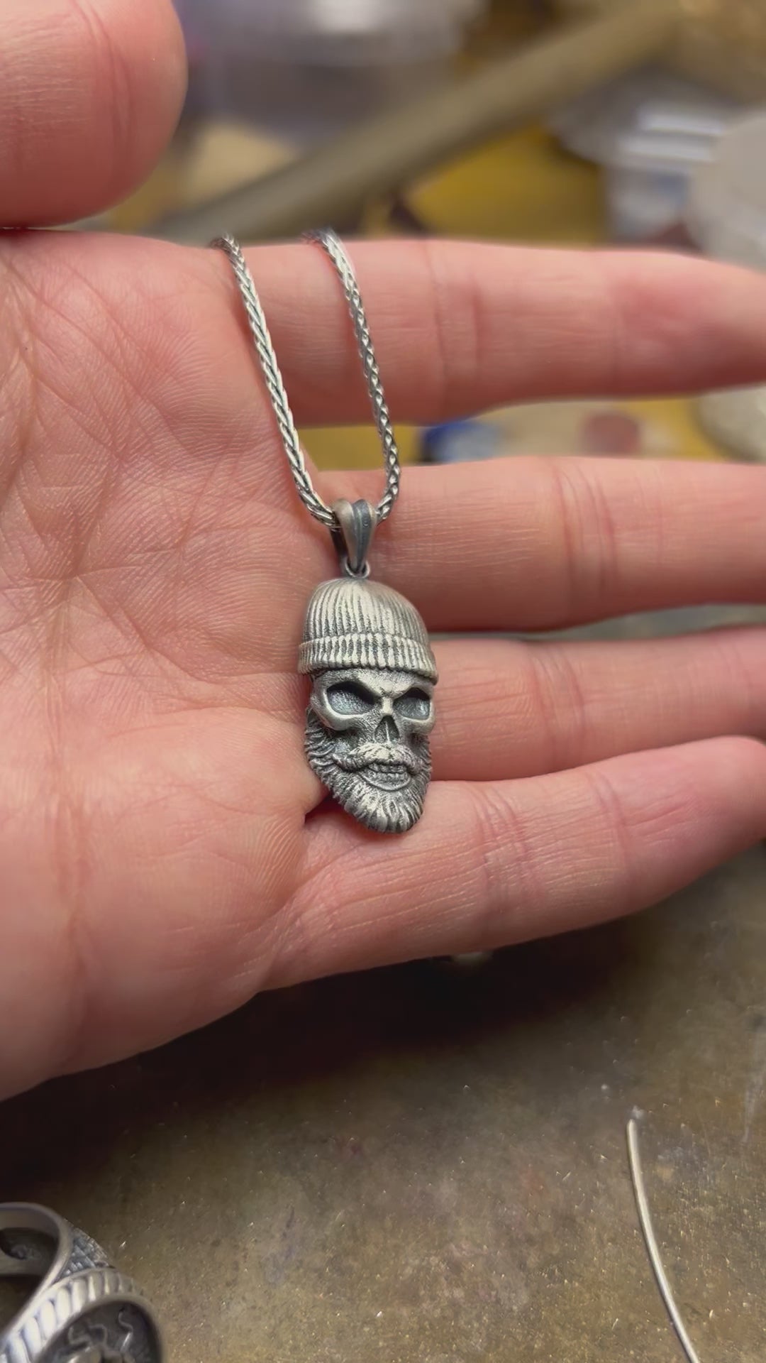 Cool Rock n Roll Skull Silver Necklace, Oxidized Men Silver Pendant, Beard and Beanie Skull Necklace, Gift for Motorcyle Driver