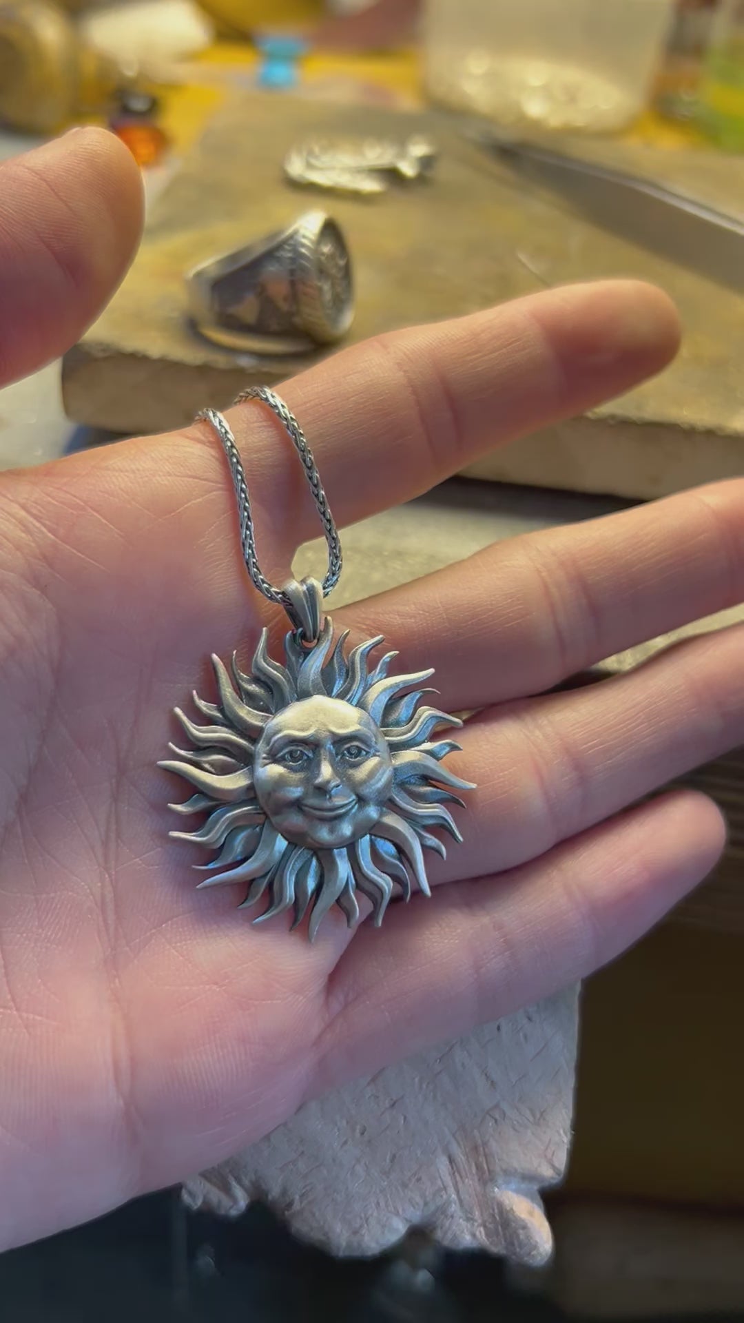 Smiling Sun Silver Necklace, 3D Sun Design Pendant, 925 Sterling Silver Pendant and Chain, Sterling Silver Pendant