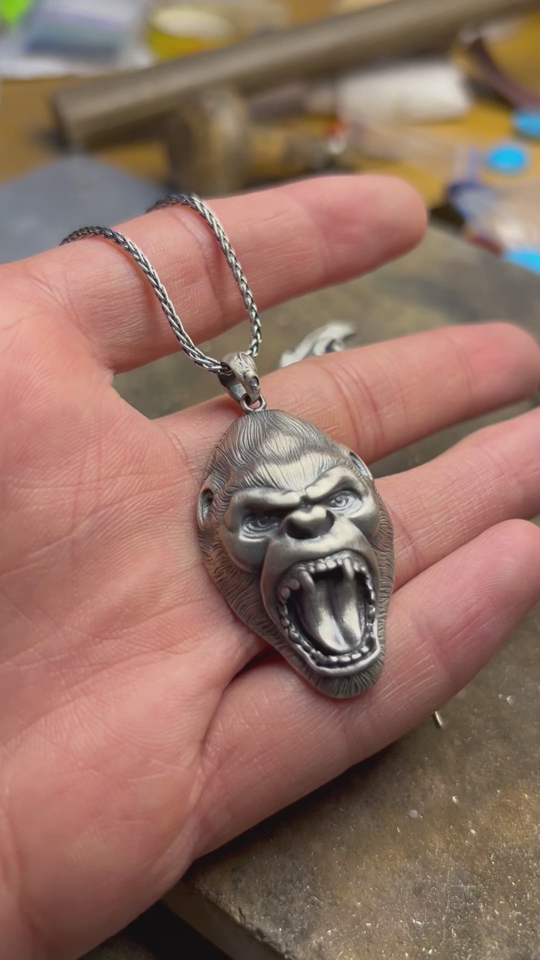 Leader Gorilla Head Silver Necklace, 925 Sterling Silver King Kong Pendant, Animal Silver Necklace, Men Silver Jewelry, Gift for Classmate