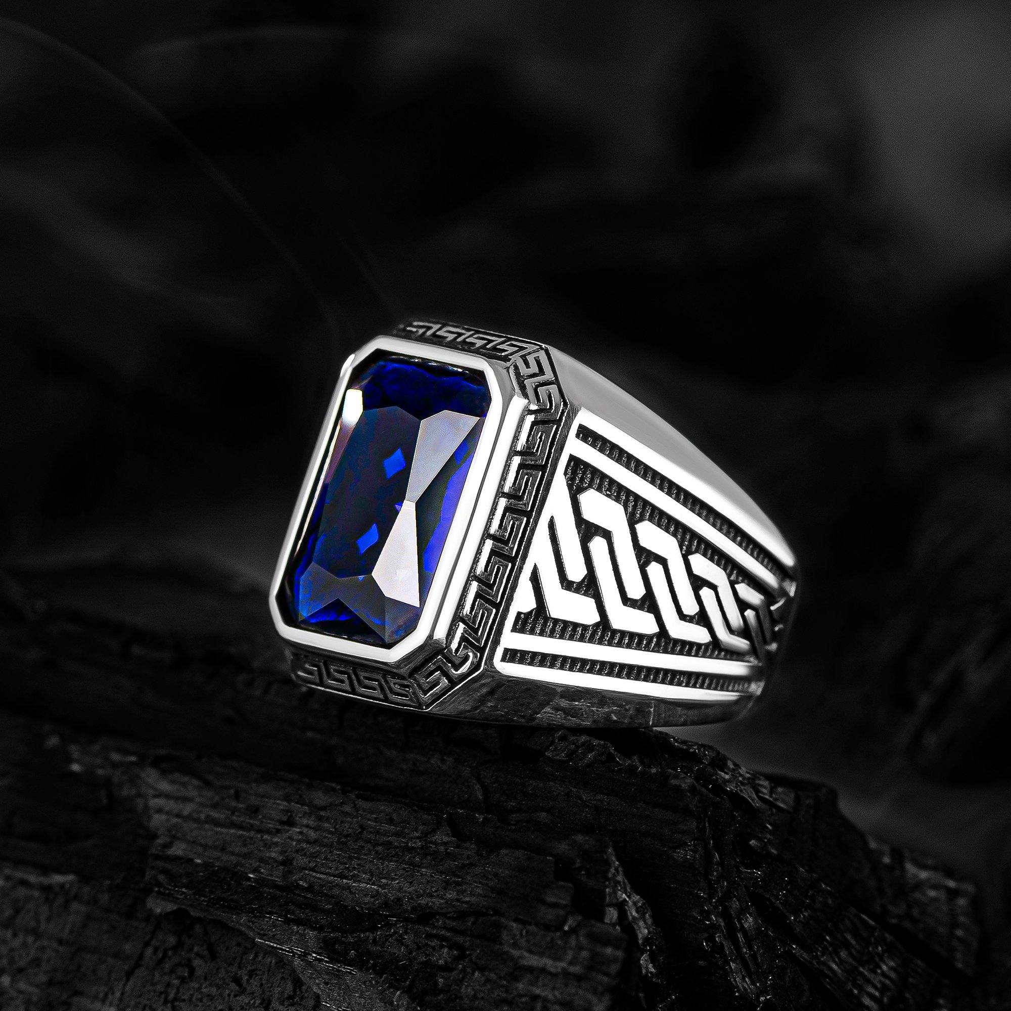 Blue Zircon 925 Silver Mens Ring, Engraved Silver Ring, Ancient Greek Symbol Men Ring - OXO SILVER
