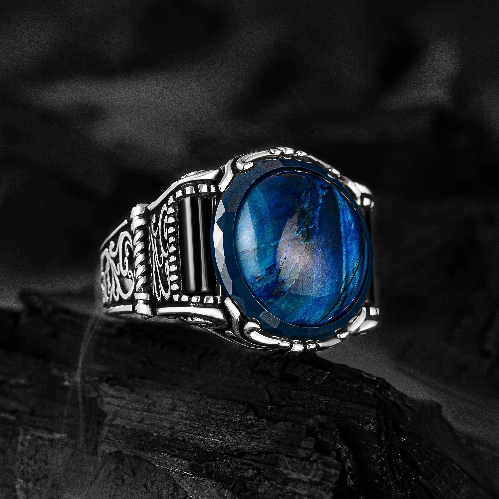 Engraved Blue Tiger Eye Ring, Blue Zircon Men Ring - OXO SILVER