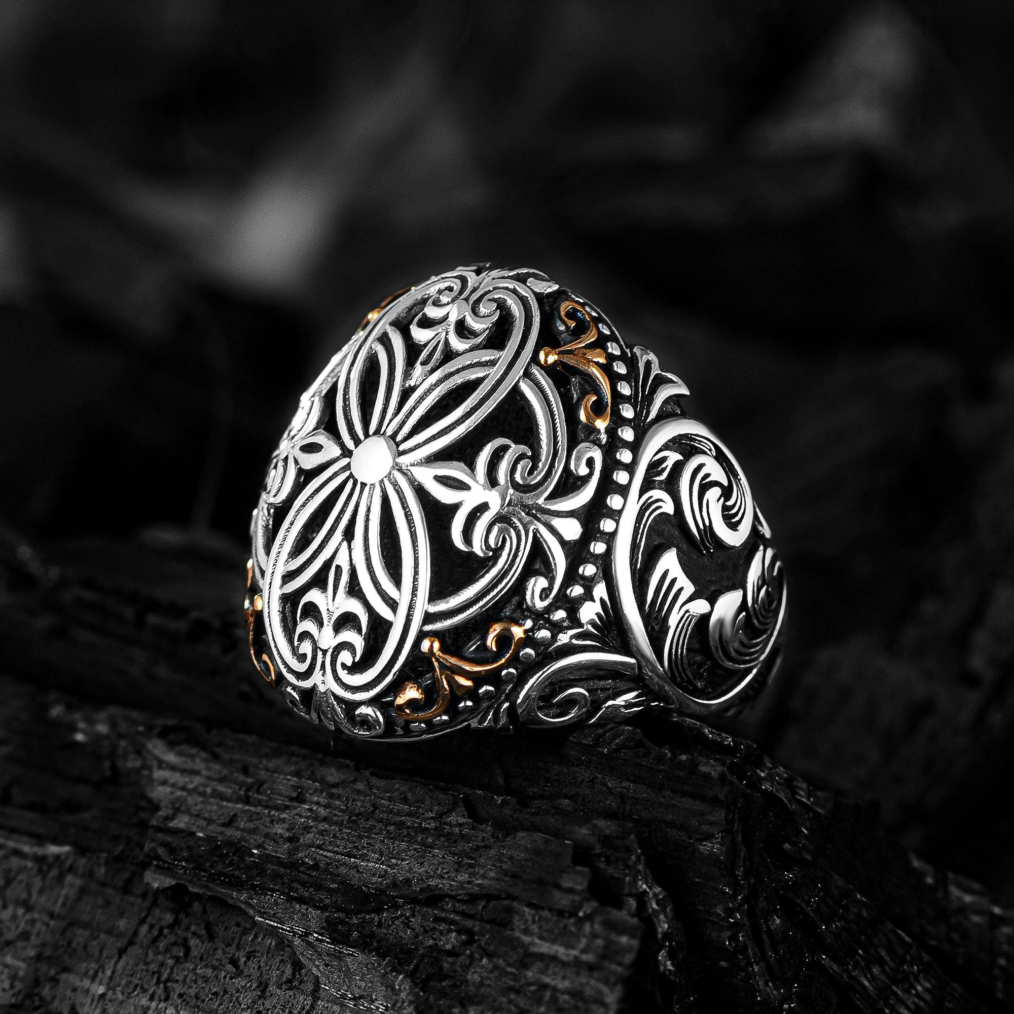 Fleur de Lis Engraved Ring, Modern Lily Design Men Silver Ring - OXO SILVER
