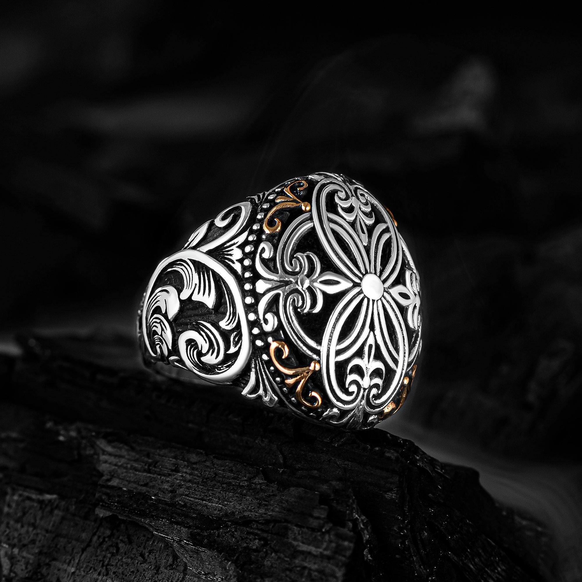 Fleur de Lis Engraved Ring, Modern Lily Design Men Silver Ring - OXO SILVER