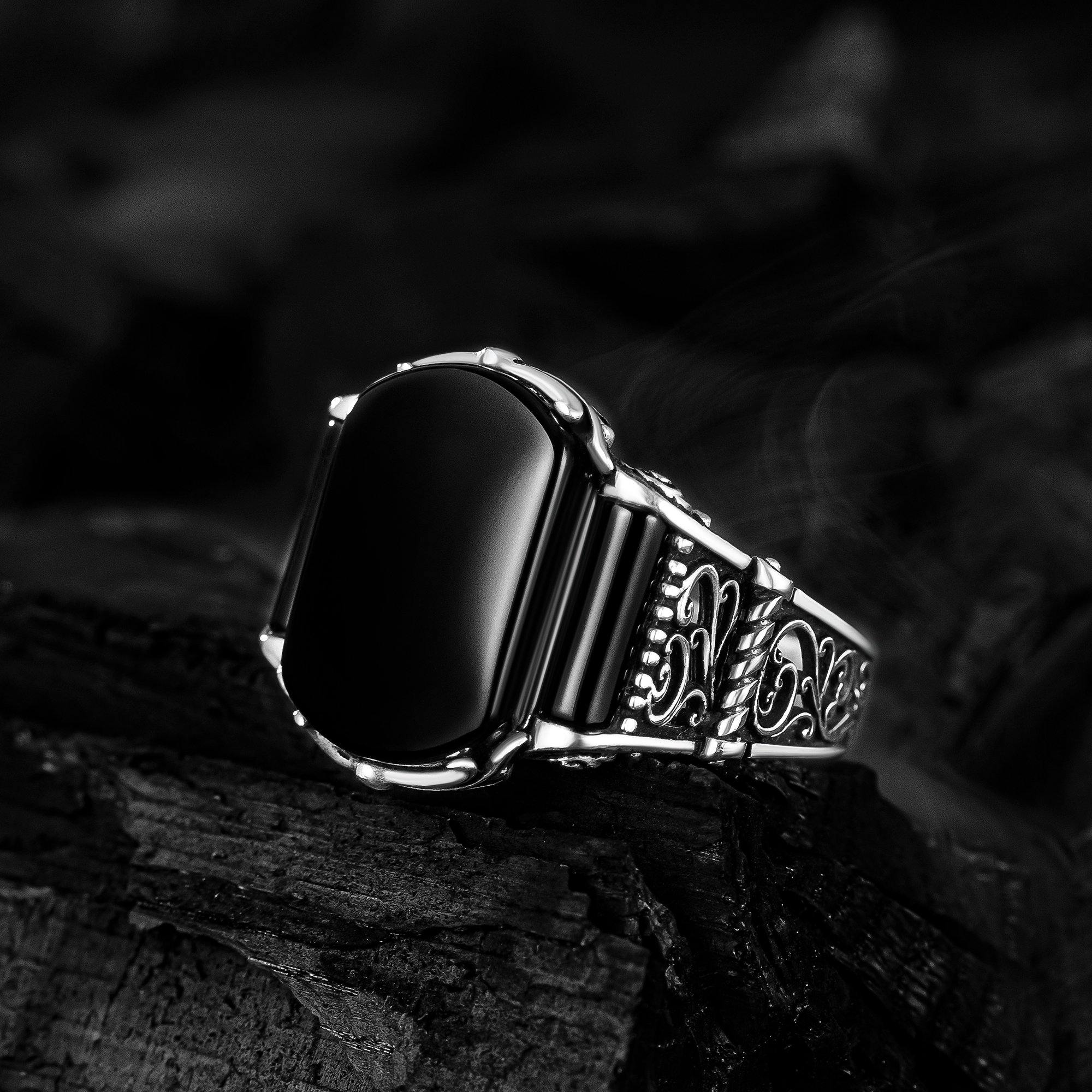 Men Minimalist Ring ,Black Onyx Silver Ring, Handmade Man Ring - OXO SILVER