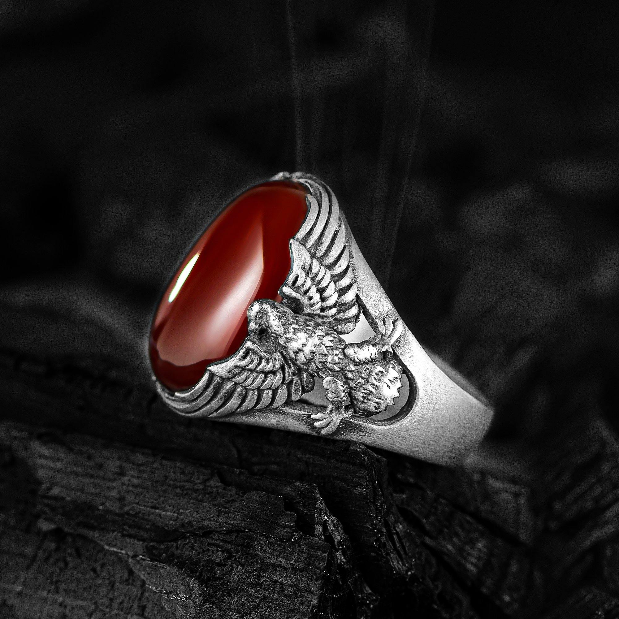 Silver Eagle Ring, Red Agate Men Ring, Oxidized Eagle Ring - OXO SILVER