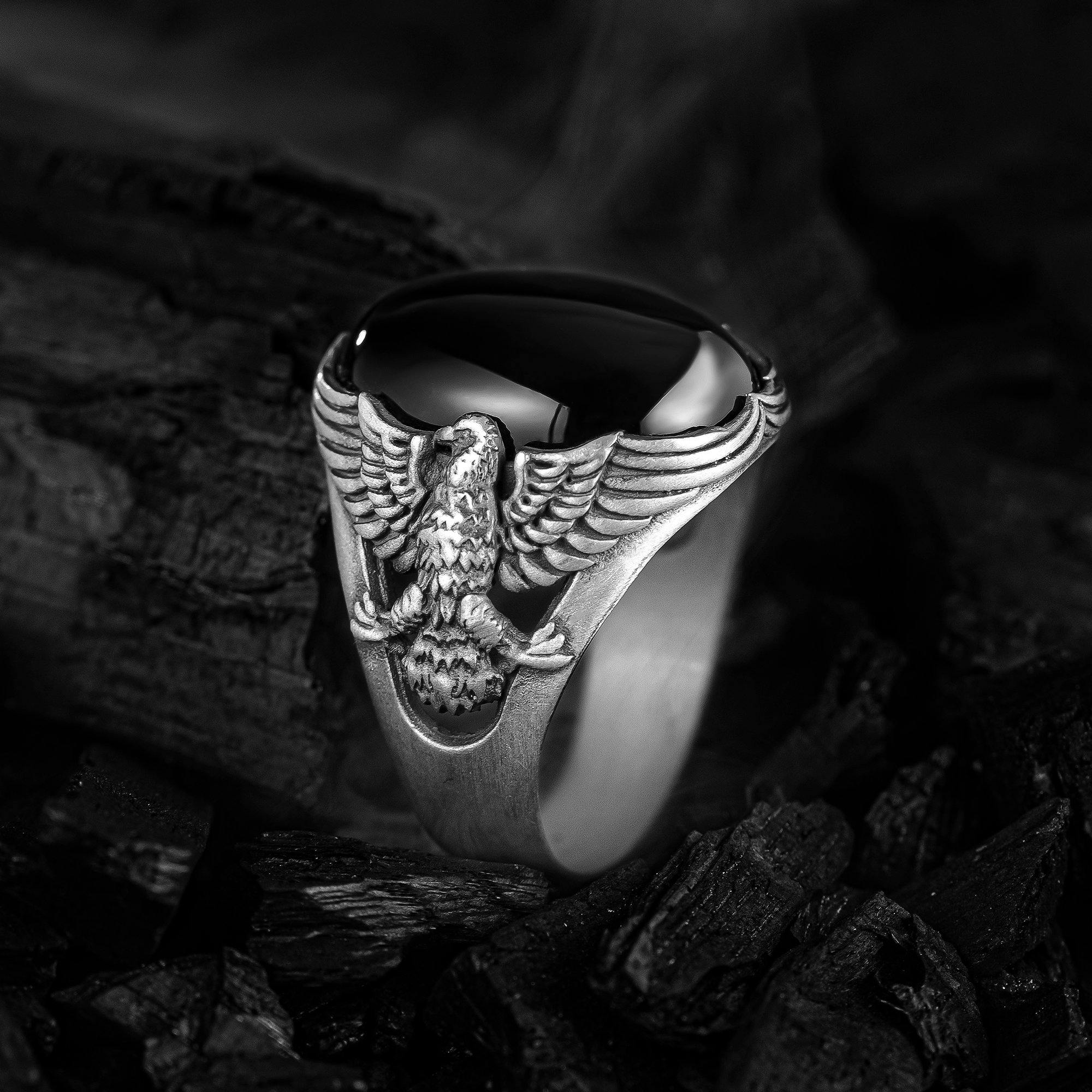 Silver Eagle Ring, Red Agate Men Ring, Oxidized Eagle Ring - OXO SILVER