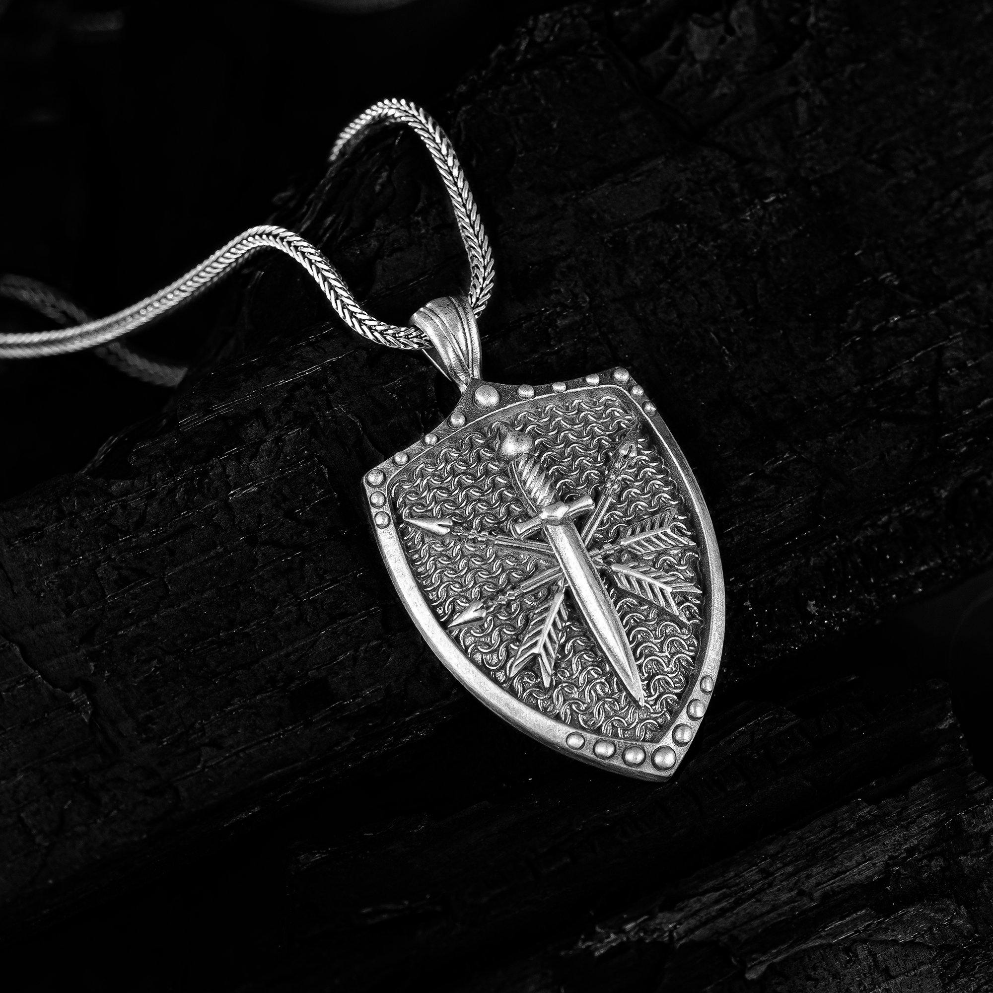 Silver Viking Sword Necklace, Oxidized Silver Shield Pendant, Viking Arrow Necklace - OXO SILVER