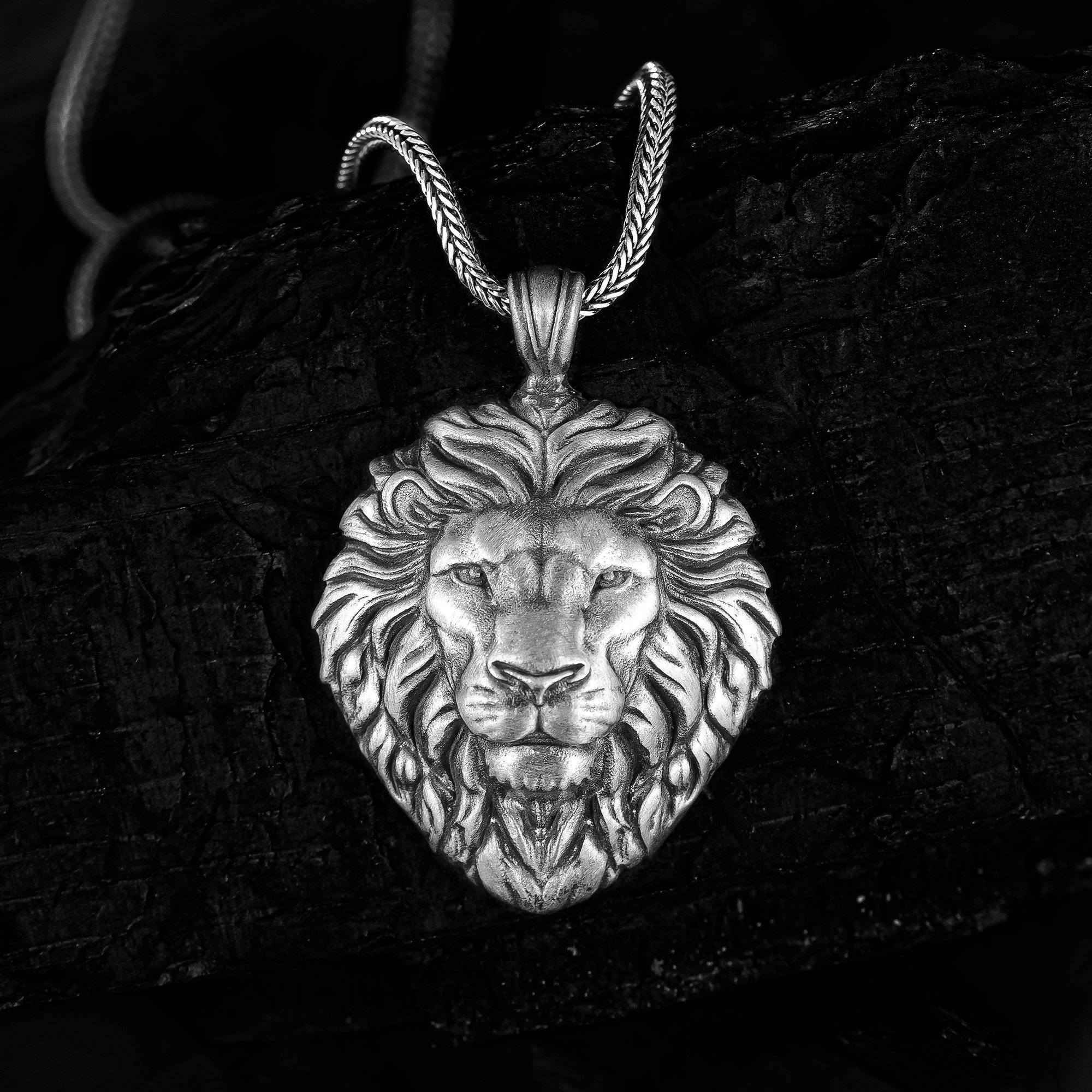 Silver Lion Mens Necklace with Chain, 925 Silver Lion Head Men Pendant - OXO SILVER