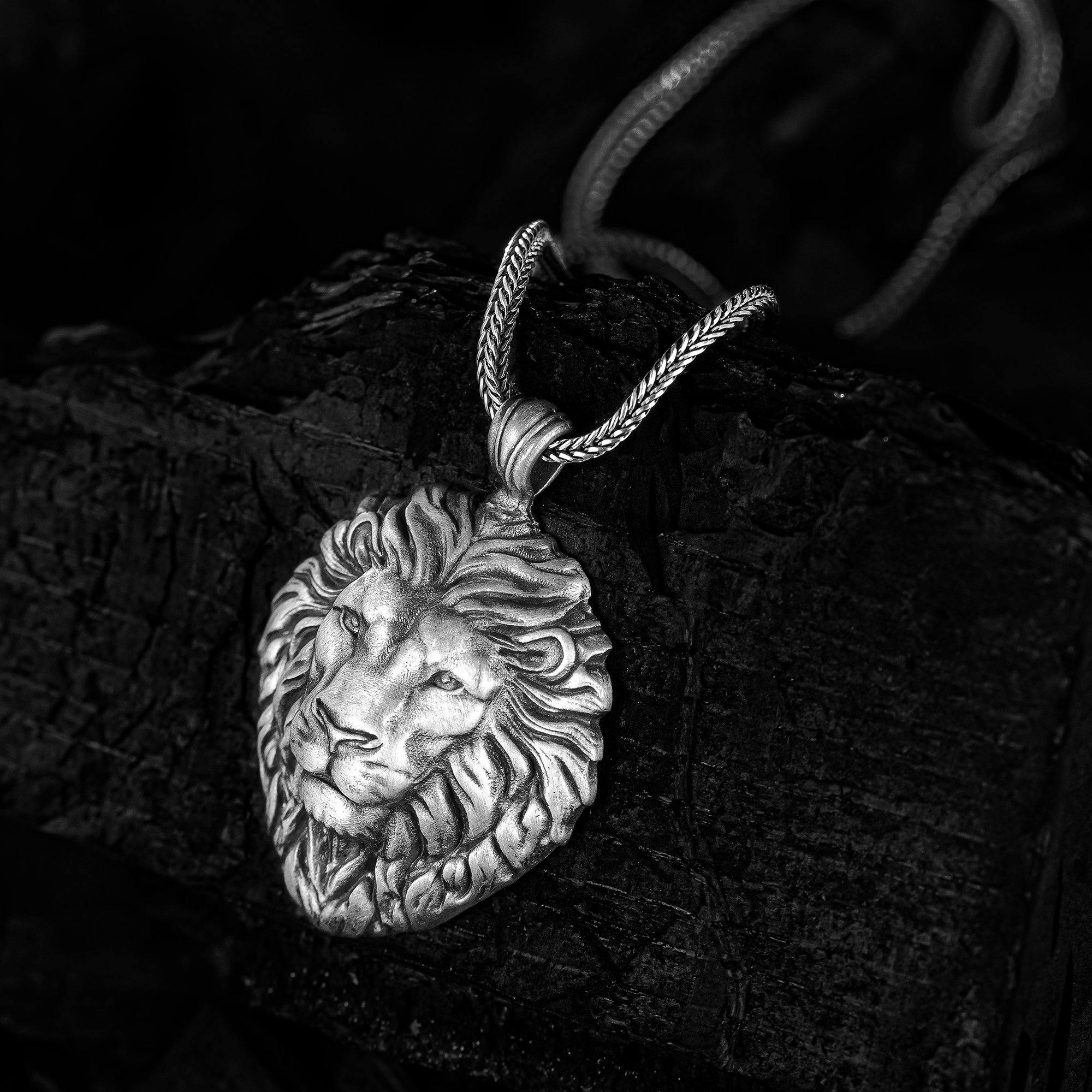 Silver Lion Mens Necklace with Chain, 925 Silver Lion Head Men Pendant - OXO SILVER