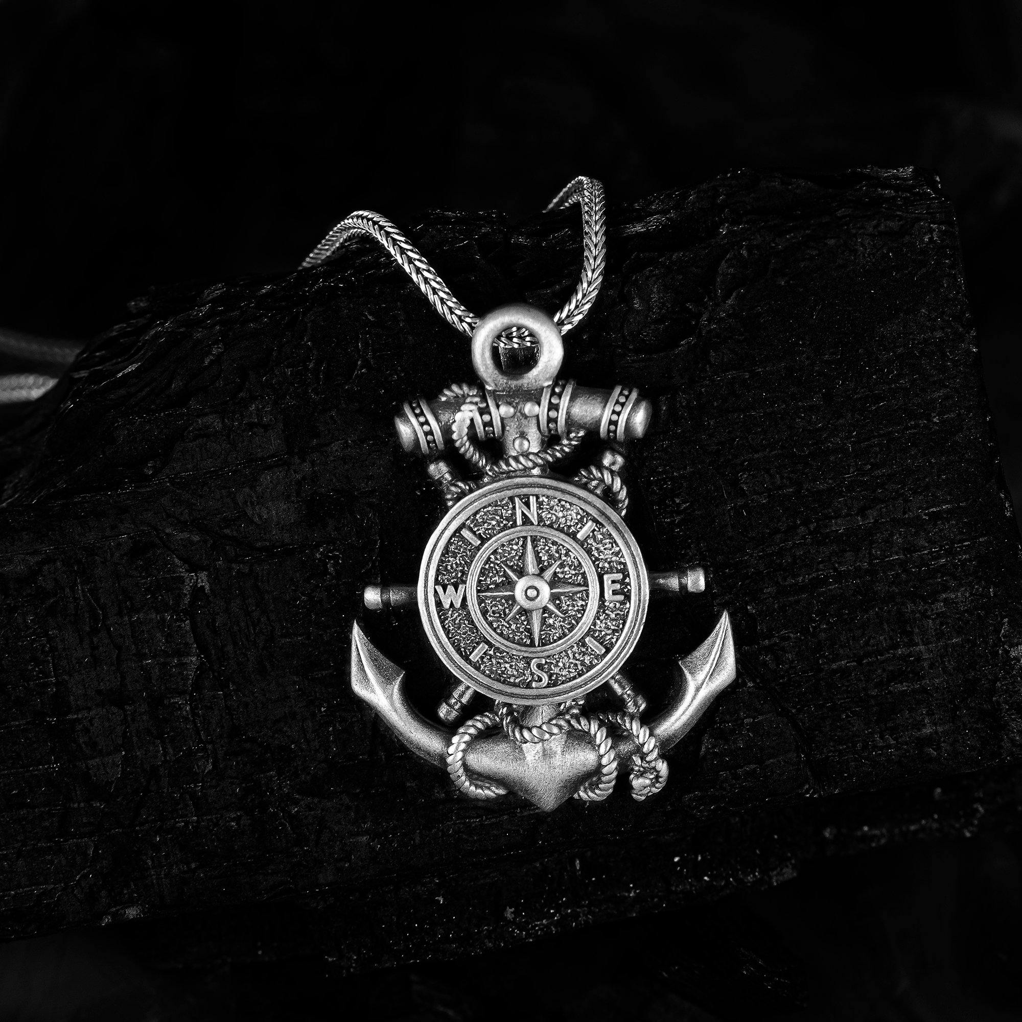 Silver Anchor Pendant with Compass, Oxidized Silver Nautical