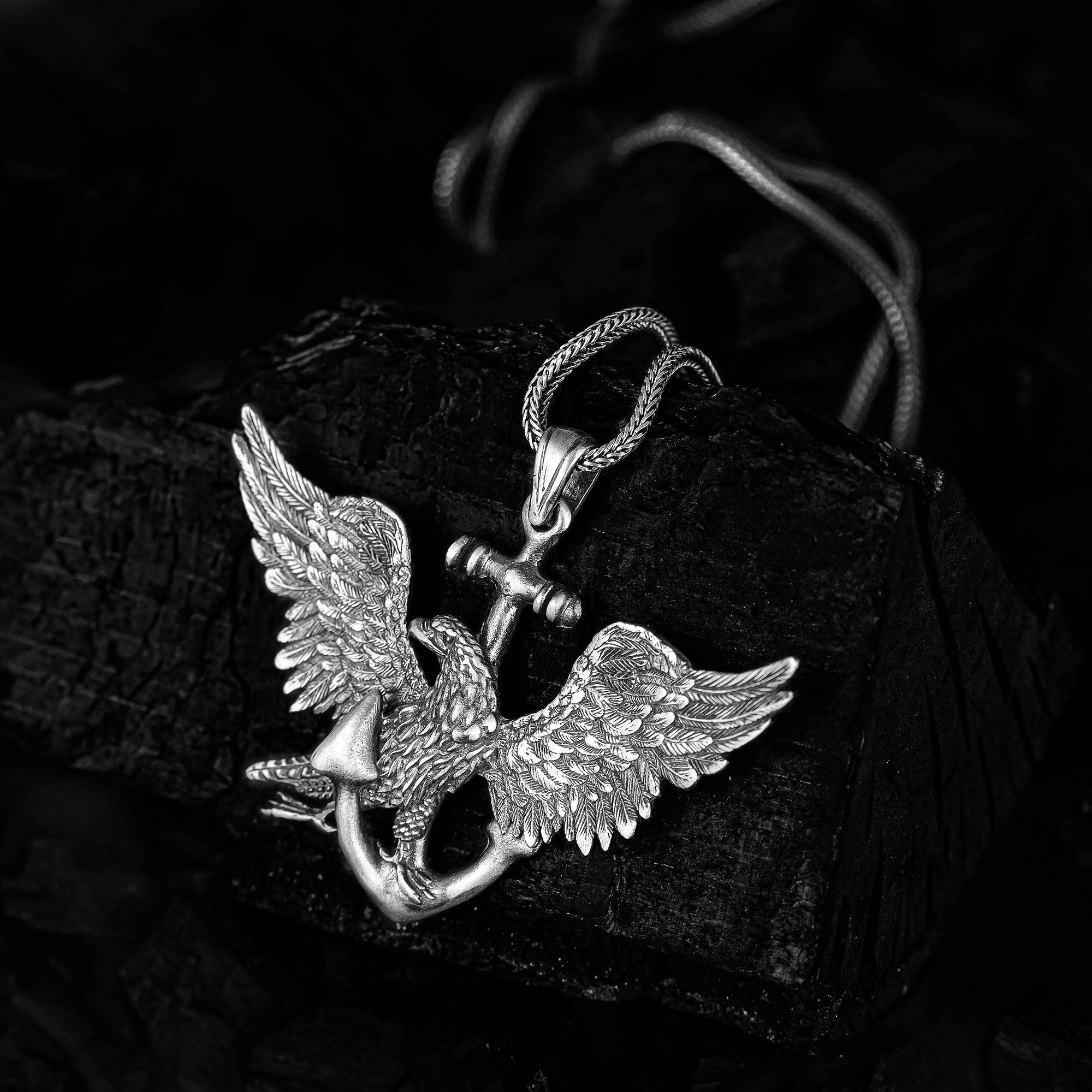 The United States Navy Symbol 925k Silver Necklace, Winged Eagle on Anchor Pendant - OXO SILVER