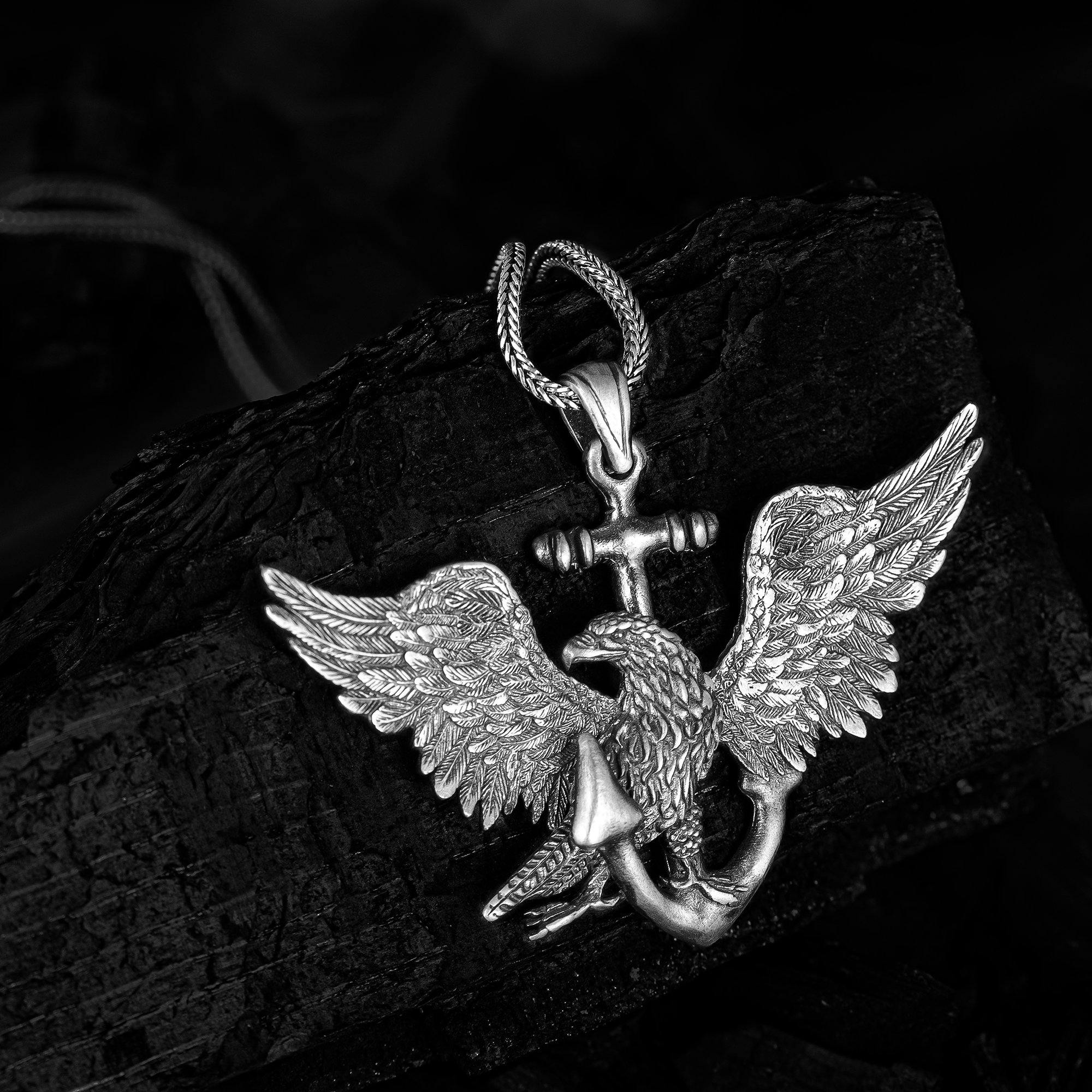 The United States Navy Symbol 925k Silver Necklace, Winged Eagle on Anchor Pendant - OXO SILVER