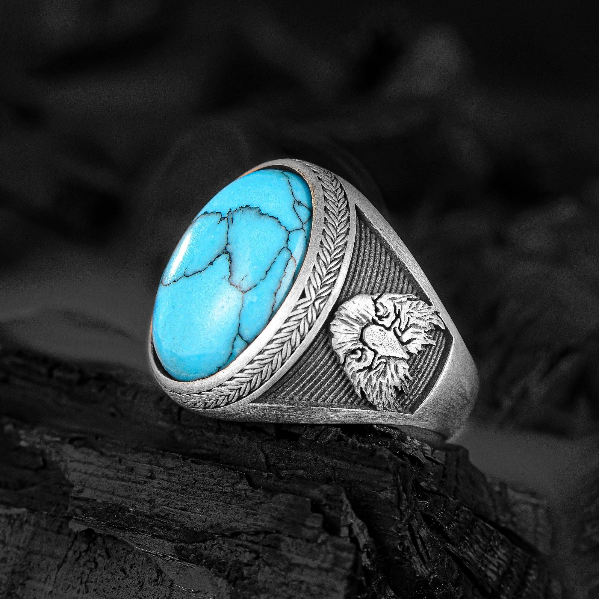 Turquoise Eagle Men's Ring, Oval Gemstone Ring, Handmade Eagle Head Ring - OXO SILVER