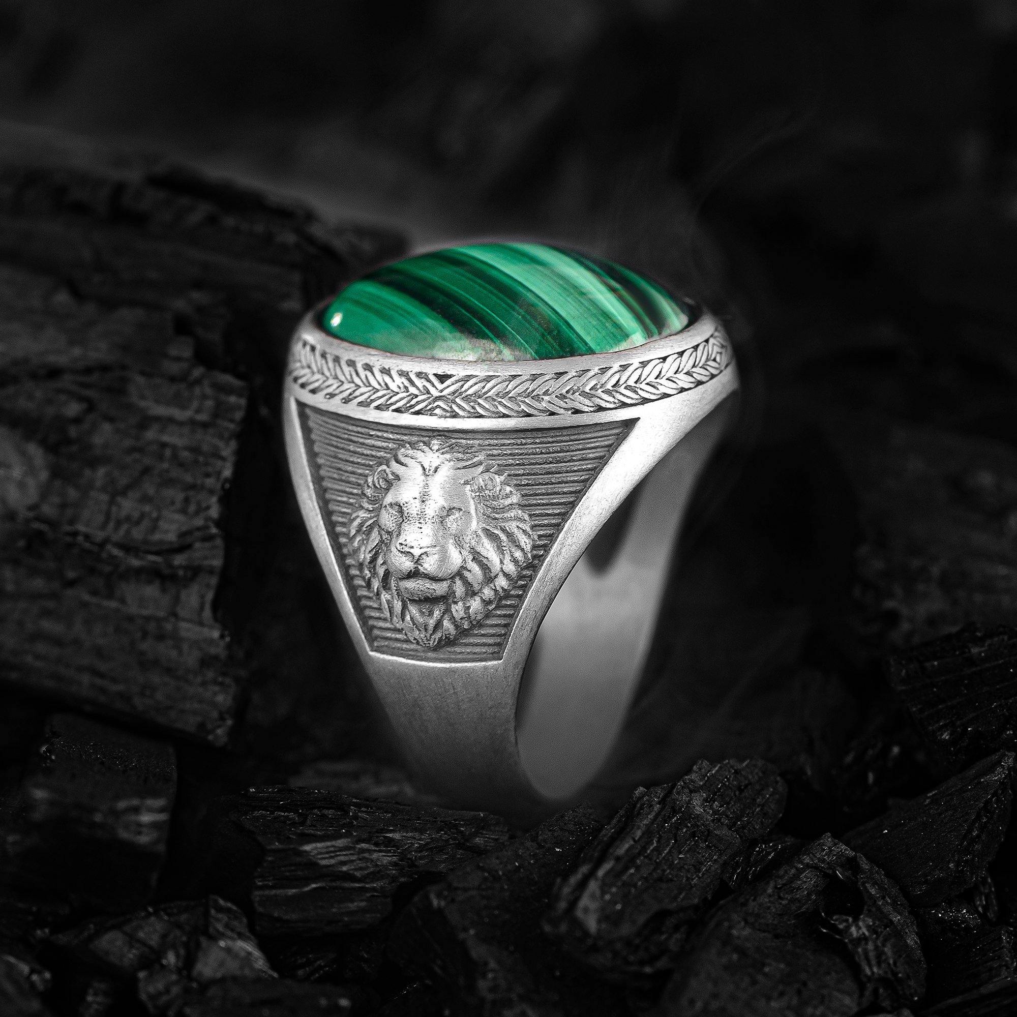 Mens Lion Ring, Oval Malachite Silver Men's Ring, Oxidized Lion Ring - OXO SILVER