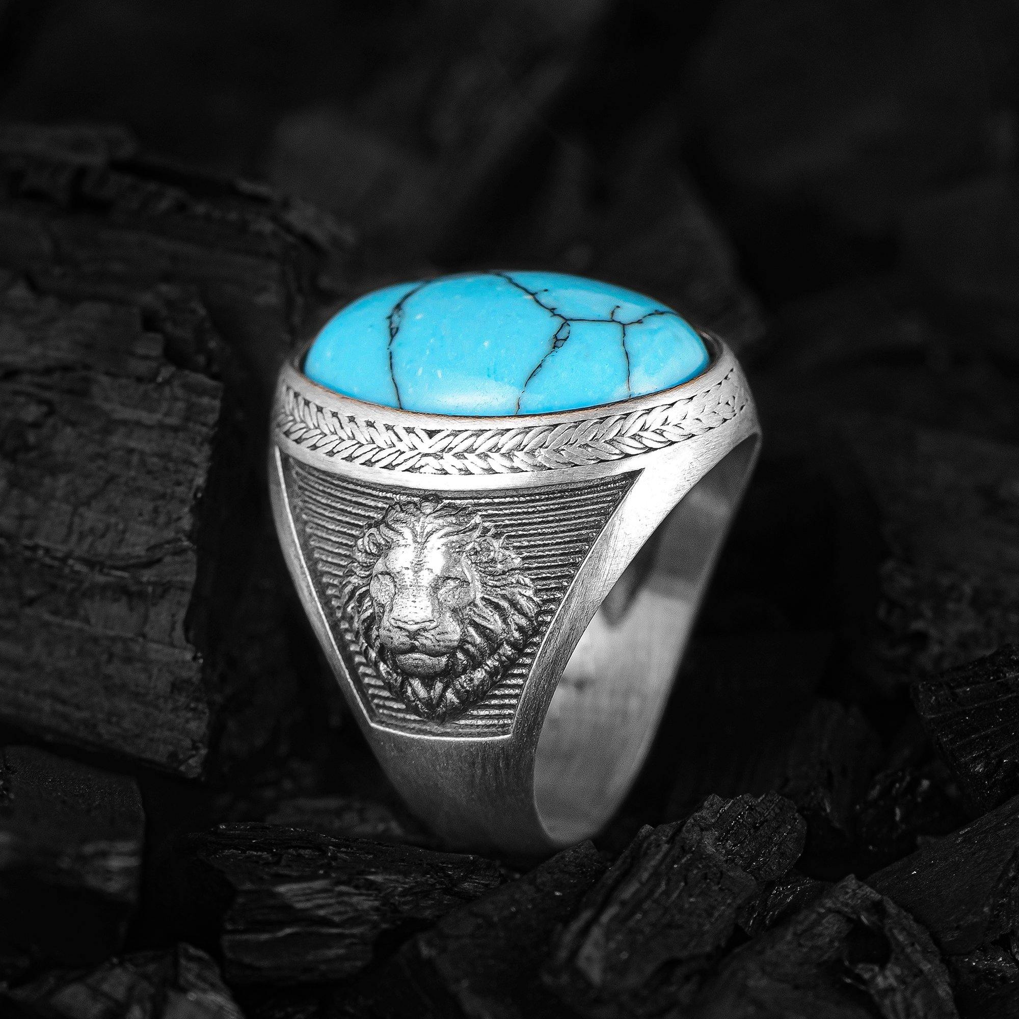 Lion Head Silver Ring, Turquoise Mens Ring, Oval Gemstone Ring - OXO SILVER