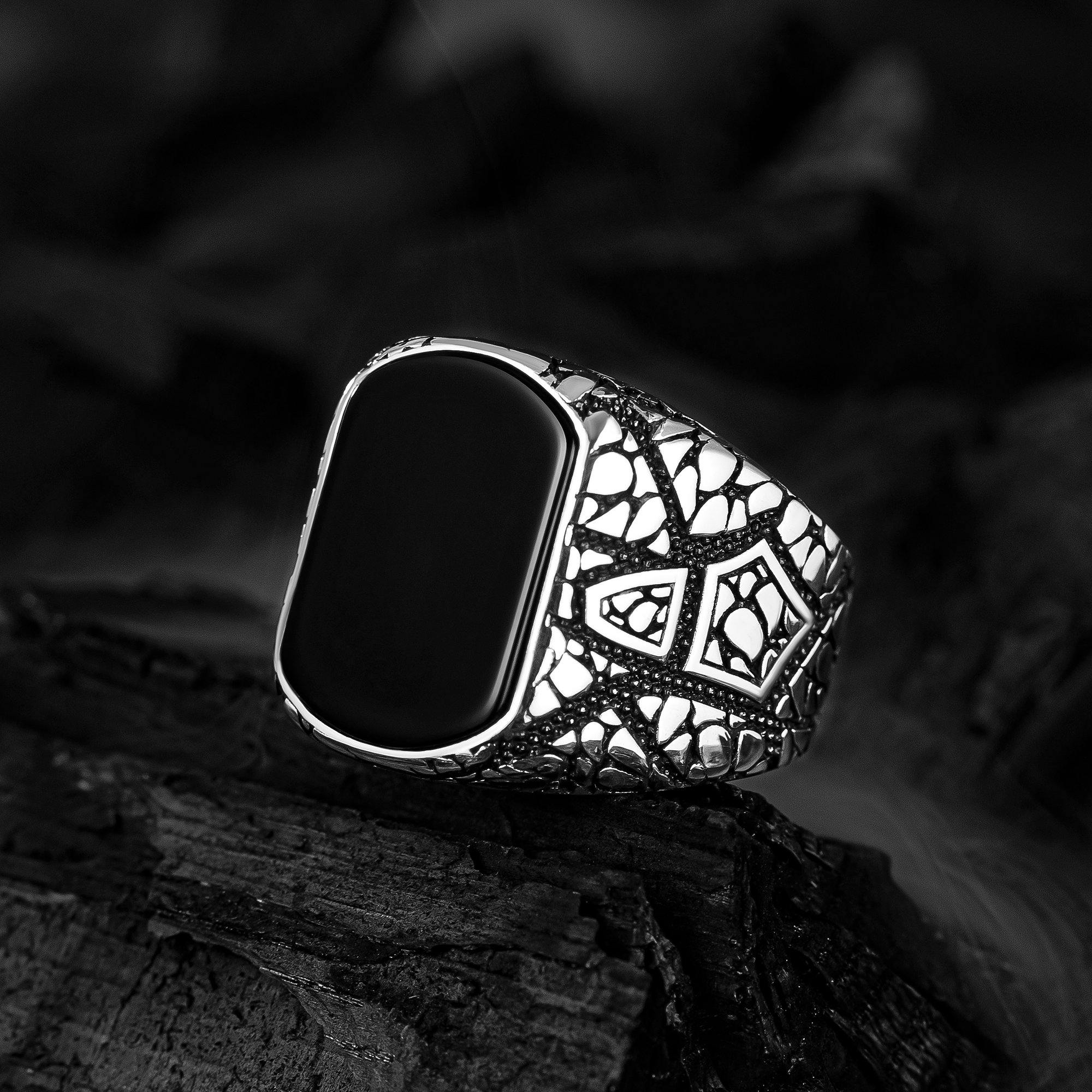 Castle Wall Mens Handmade Ring, Black Onyx Stone Ring - OXO SILVER