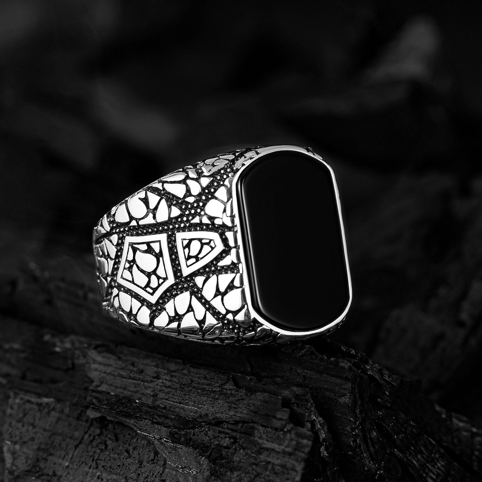Castle Wall Mens Handmade Ring, Black Onyx Stone Ring - OXO SILVER