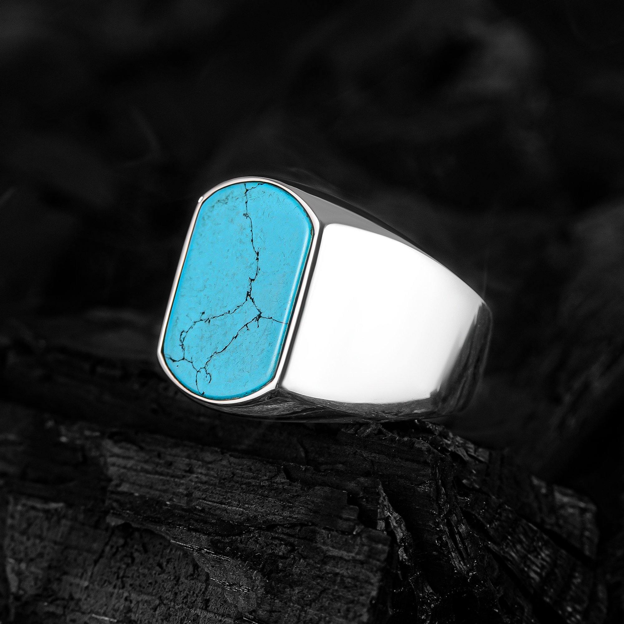 Flat Cut Turquoise Mens Ring, Turquoise Stone Handmade Ring - OXO SILVER