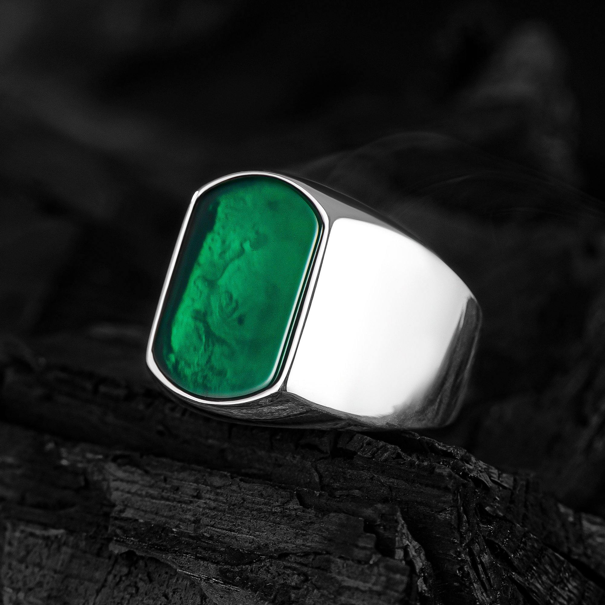Minimalist Handmade Mens Ring, Green Agate Stone Ring - OXO SILVER