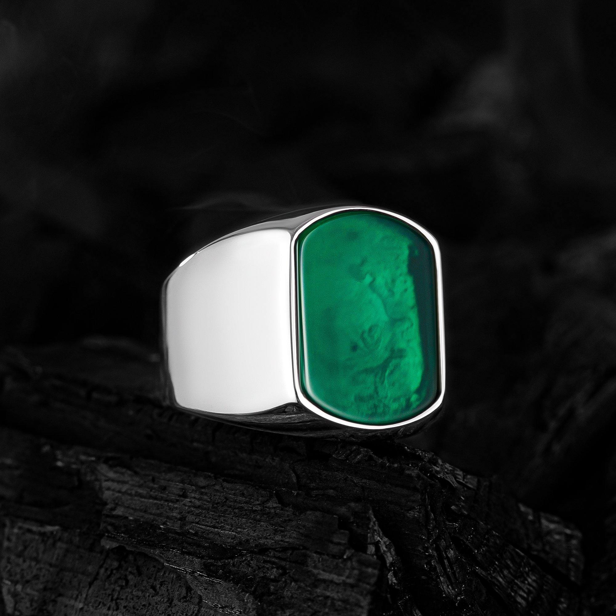 Minimalist Handmade Mens Ring, Green Agate Stone Ring - OXO SILVER