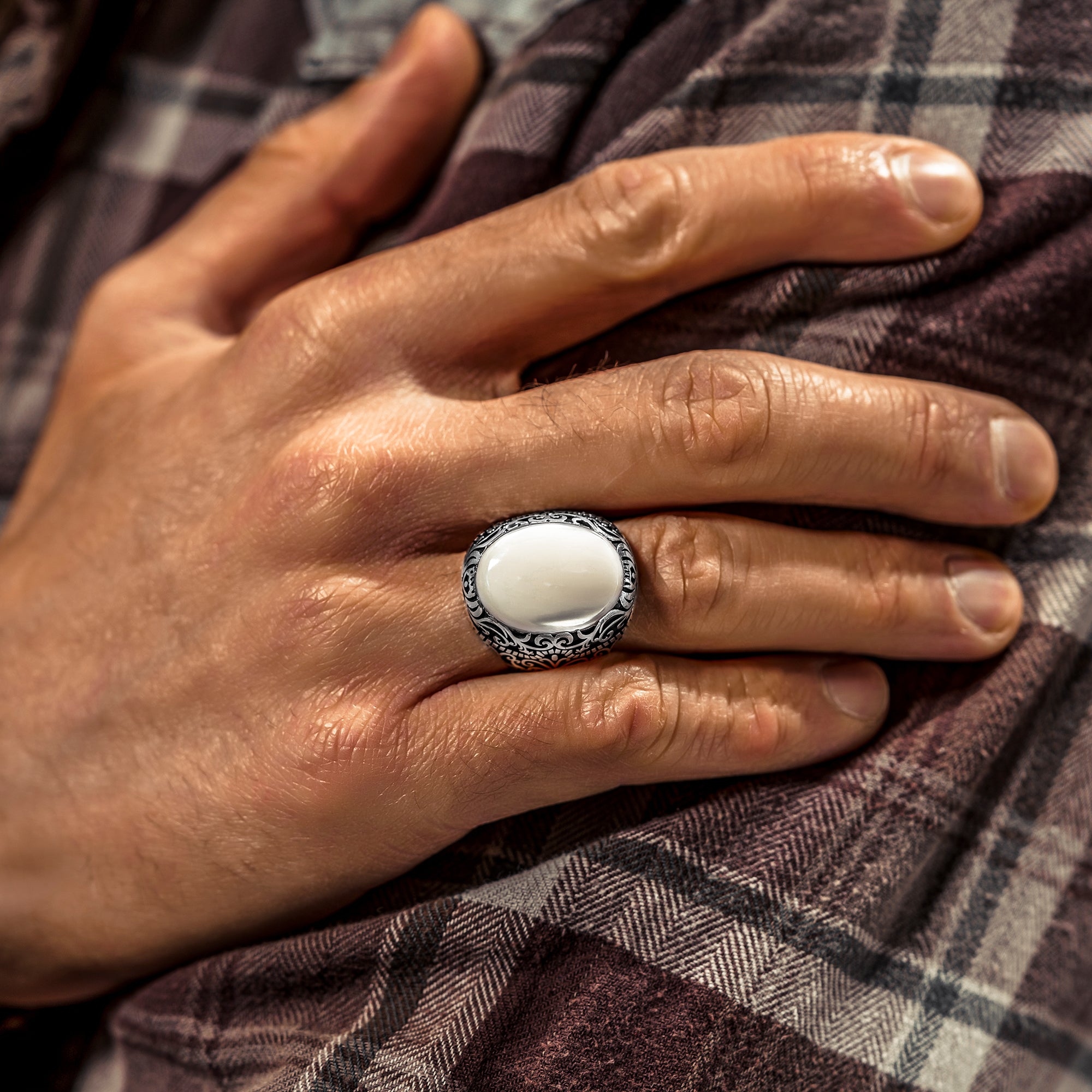 Mother-Of-Pearl Silver Men's Ring,925 Sterling Silver,Handmade mens ring,White Stone Ring