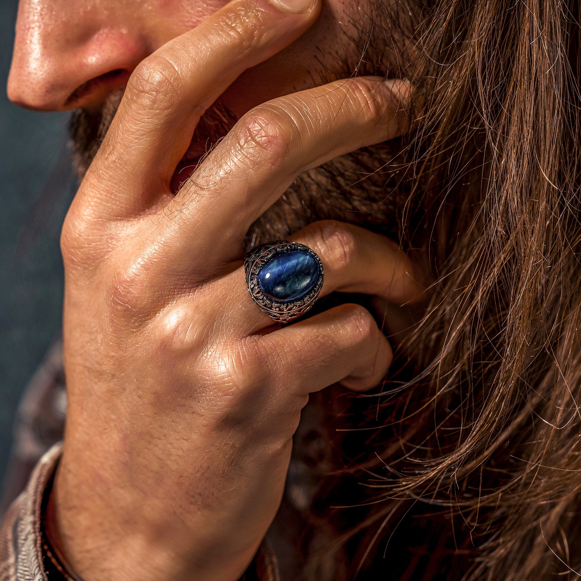 Blue Tiger Eye Men Ring,Blue Stone Mens Ring,925 Mens Ring
