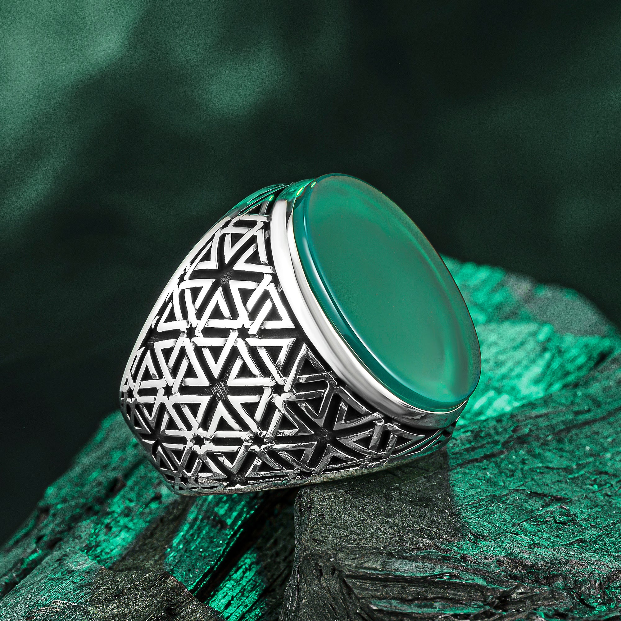 Seal of Solomon Men's Ring,Green Agate Men ring,Silver Men ring,925 Men Ring,Green Stone Ring