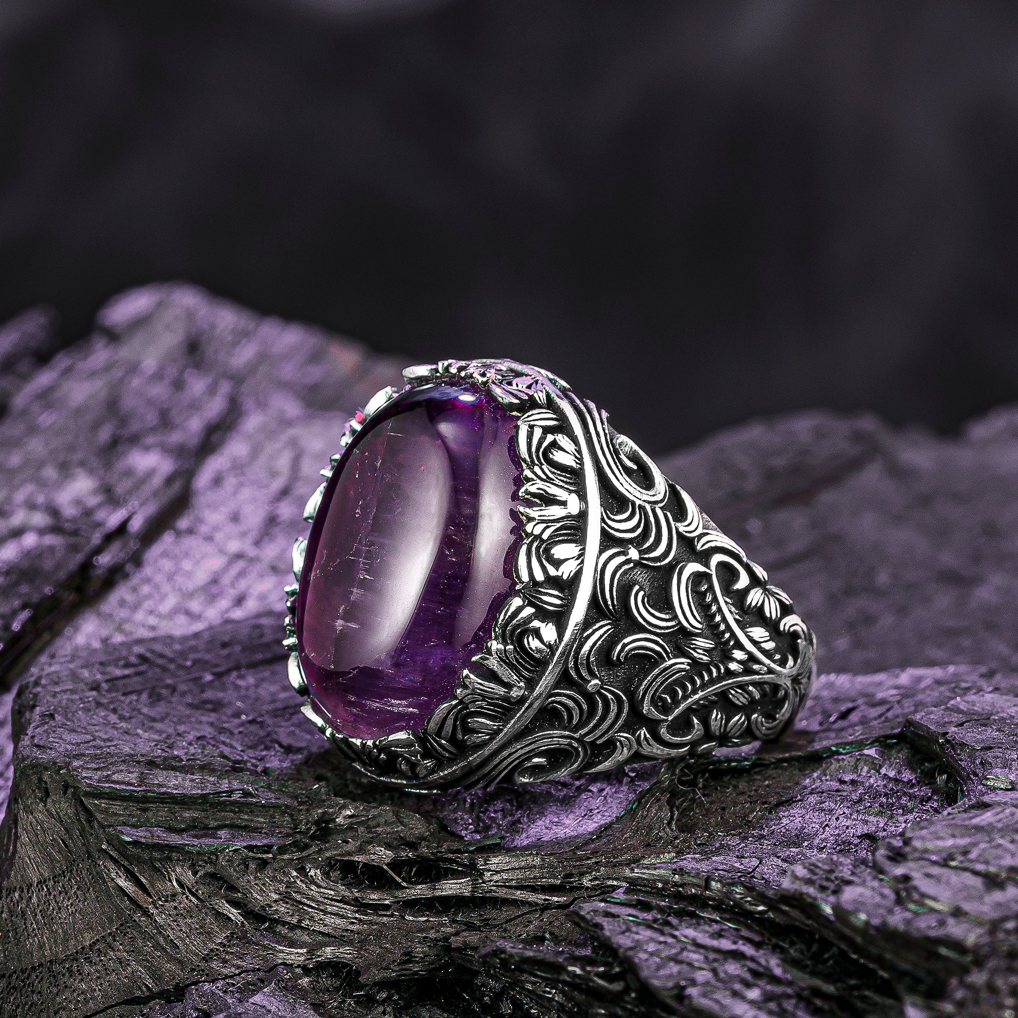 Cabachon Amethyst Gemstone Ring, Engraved Silver Men Ring, Floral Design Men Ring, Men Silver Jewelry, Anniversary Gift for Husband