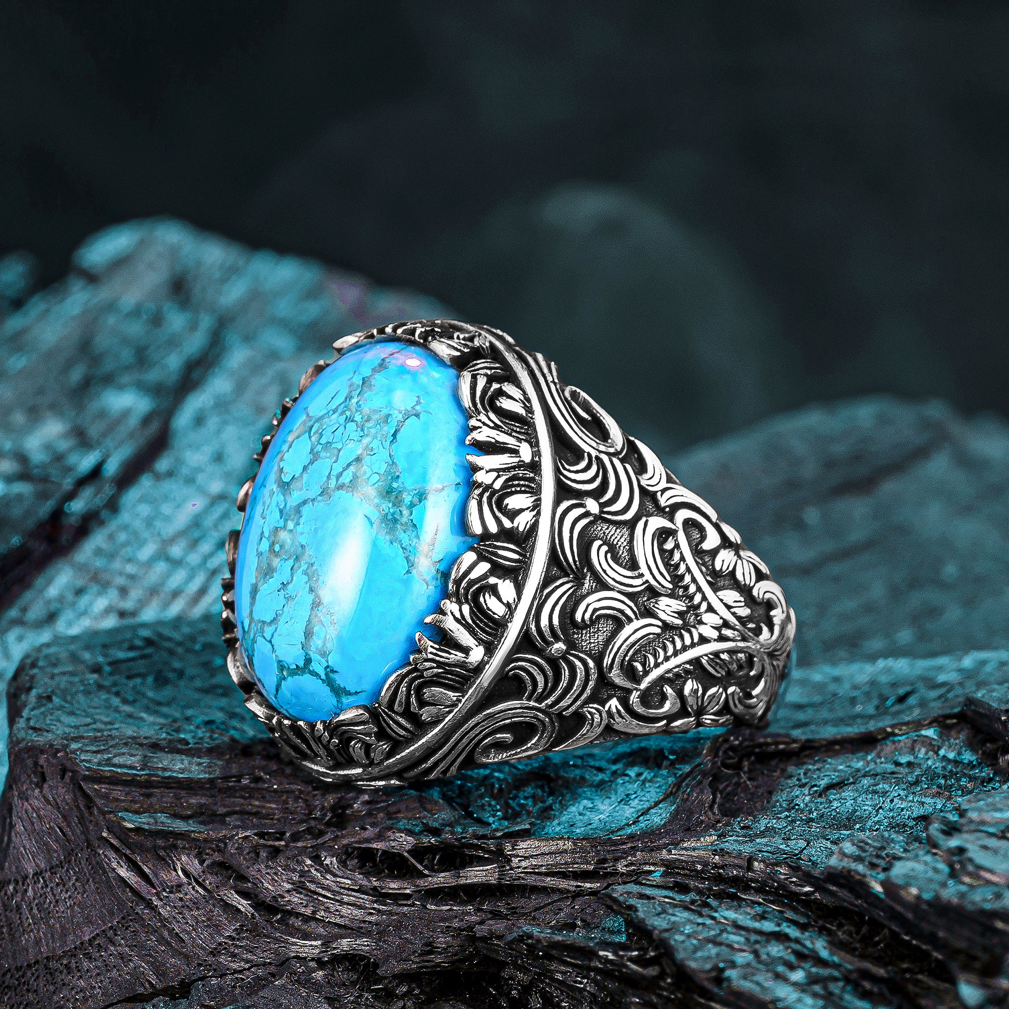 Baroque Motif Turquoise Stone Men's Ring, Useful Stone Silver Men's Ring