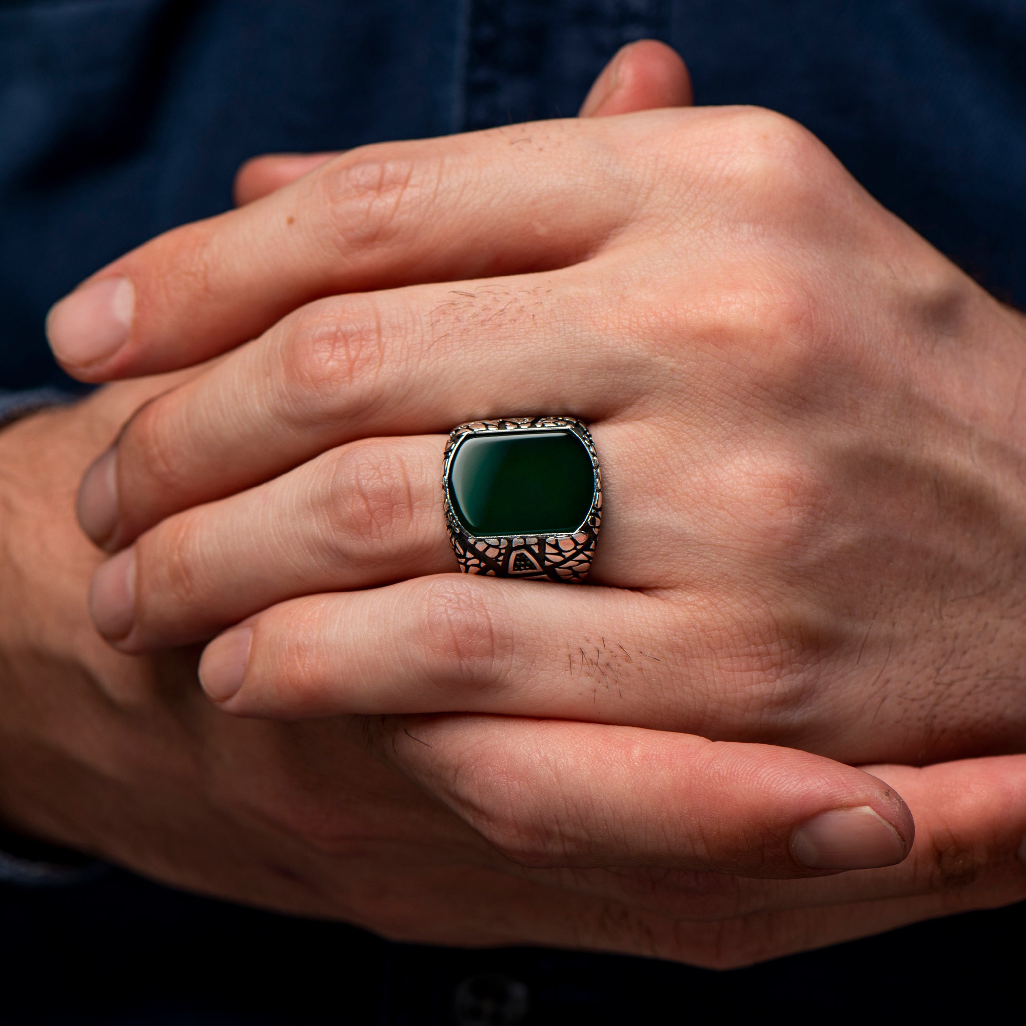 Man Vintage Ring, Green Agate Ring, Square Gemstone Ring
