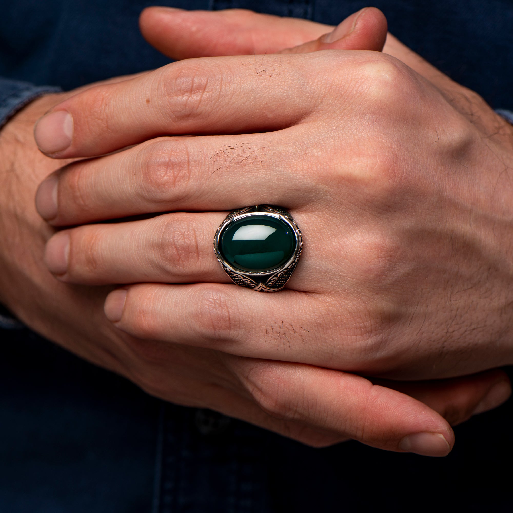 Men Green Agate Ring, Sterling Silver Vintage Ring, Oval Aqeeq Gemstone Ring