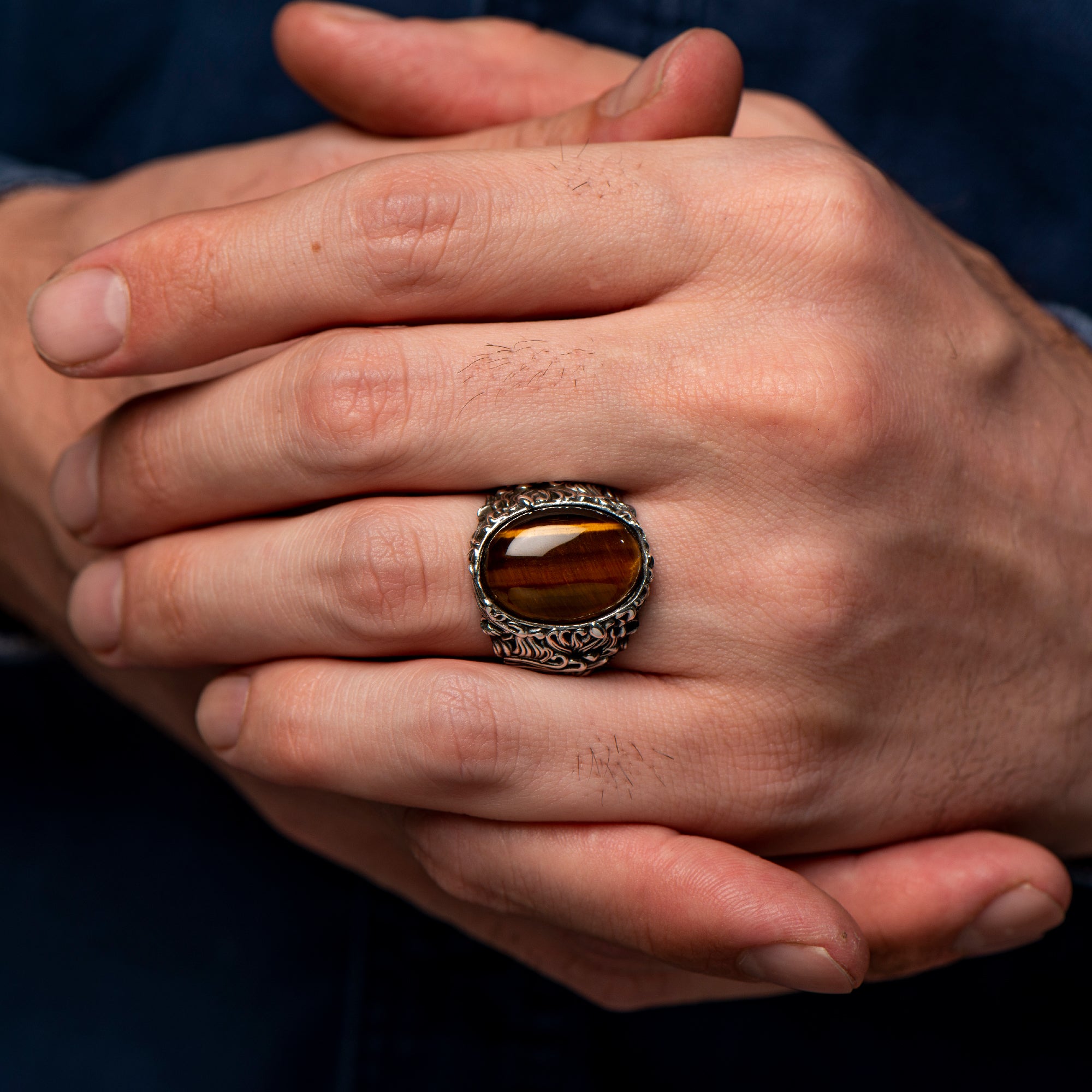 Tiger Eye Oval Gemstone Mens Ring, Men Handmade Silver Ring