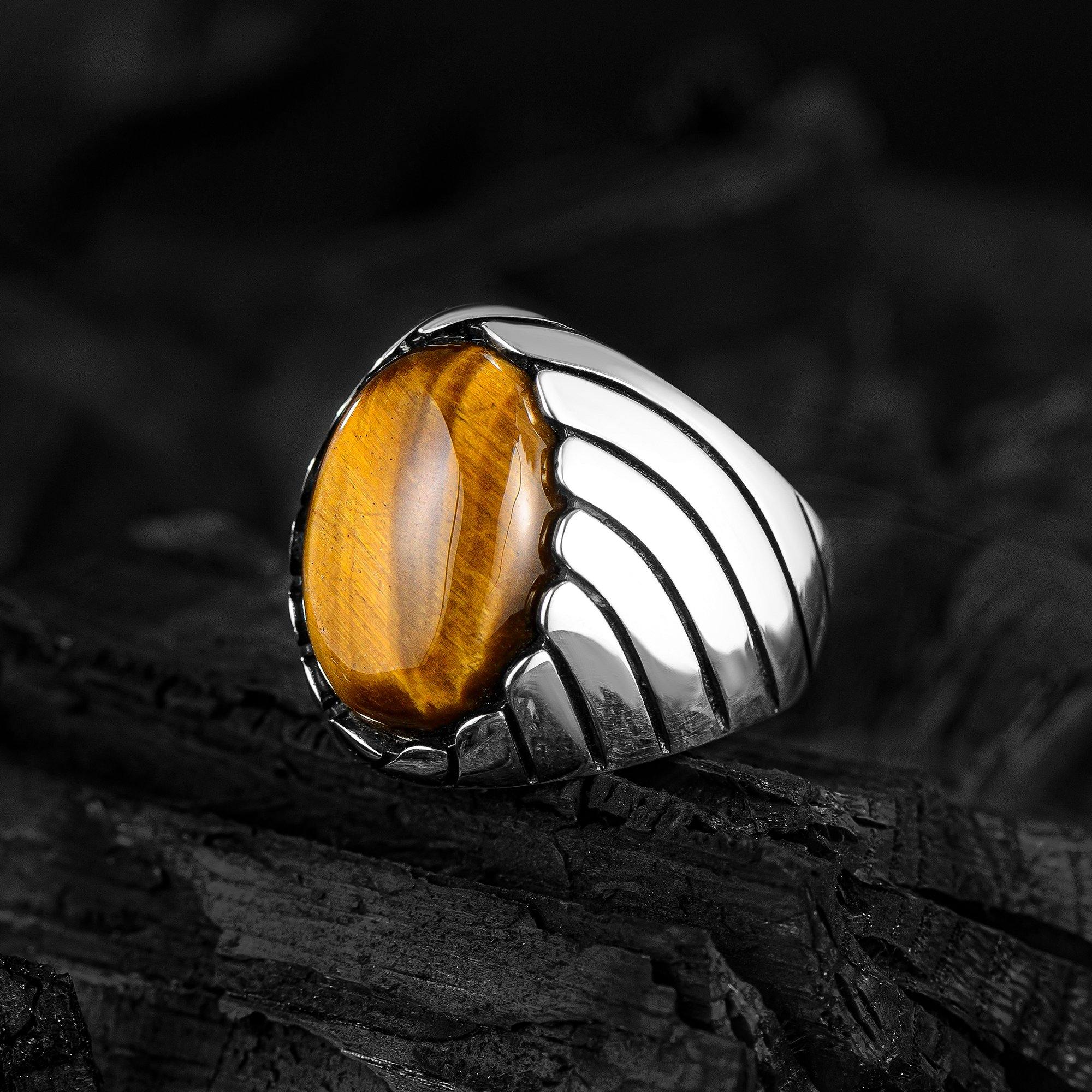 Tiger Eye Silver Ring, Men Nautical Design Ring, Brown Oval Gemstone Ring - OXO SILVER