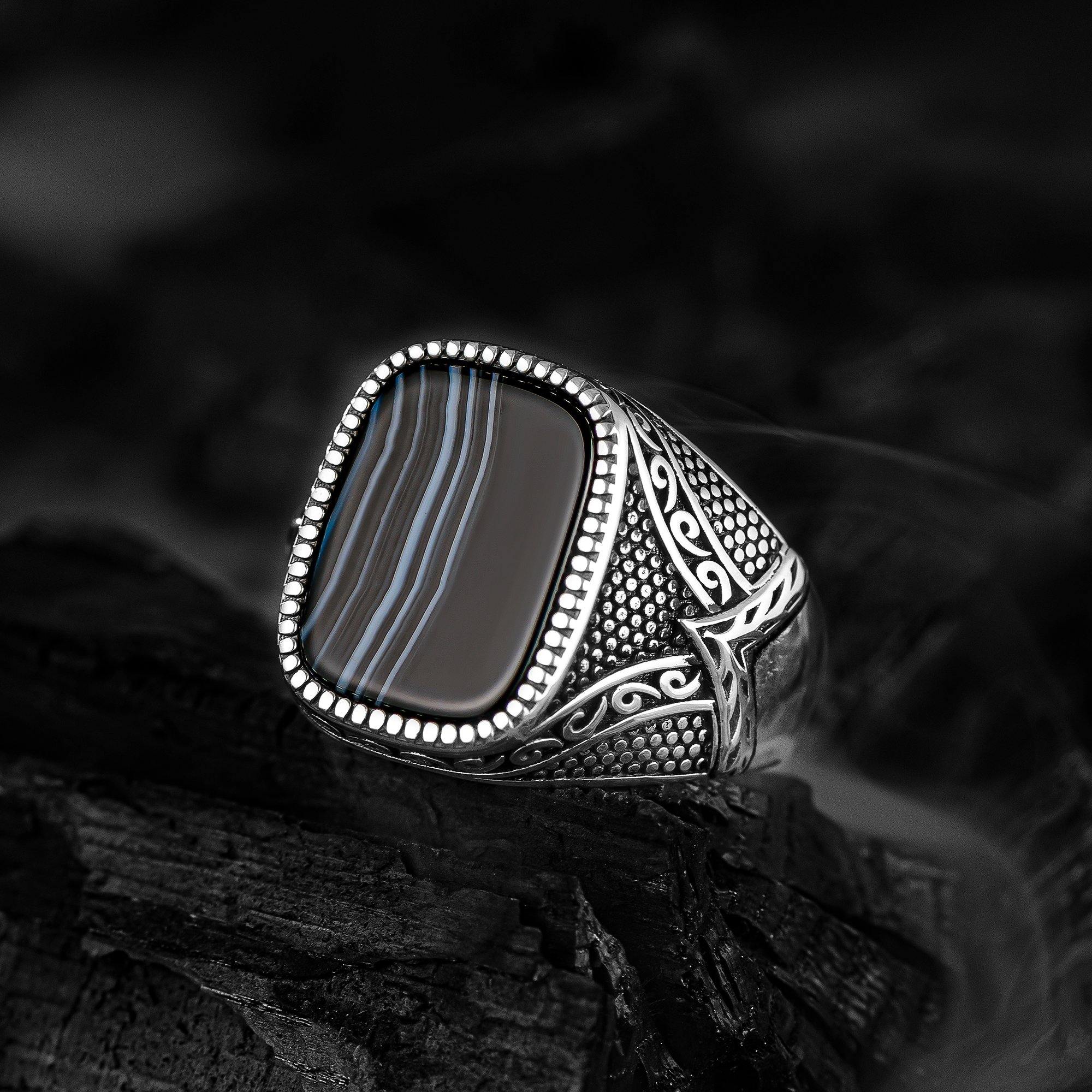 Arrow Design 925 Silver Men Ring, Black White Agate Stone Ring - OXO SILVER