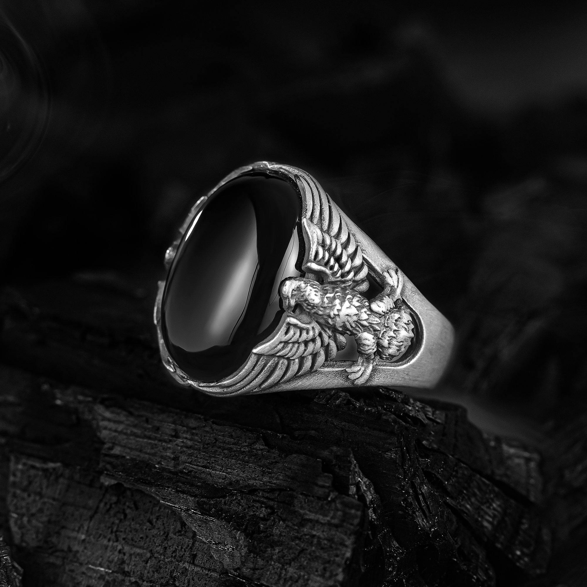 Sterling Silver Eagle Men Ring, Black Onyx Silver Men Ring, American Eagle with Black Gemstone Ring - OXO SILVER